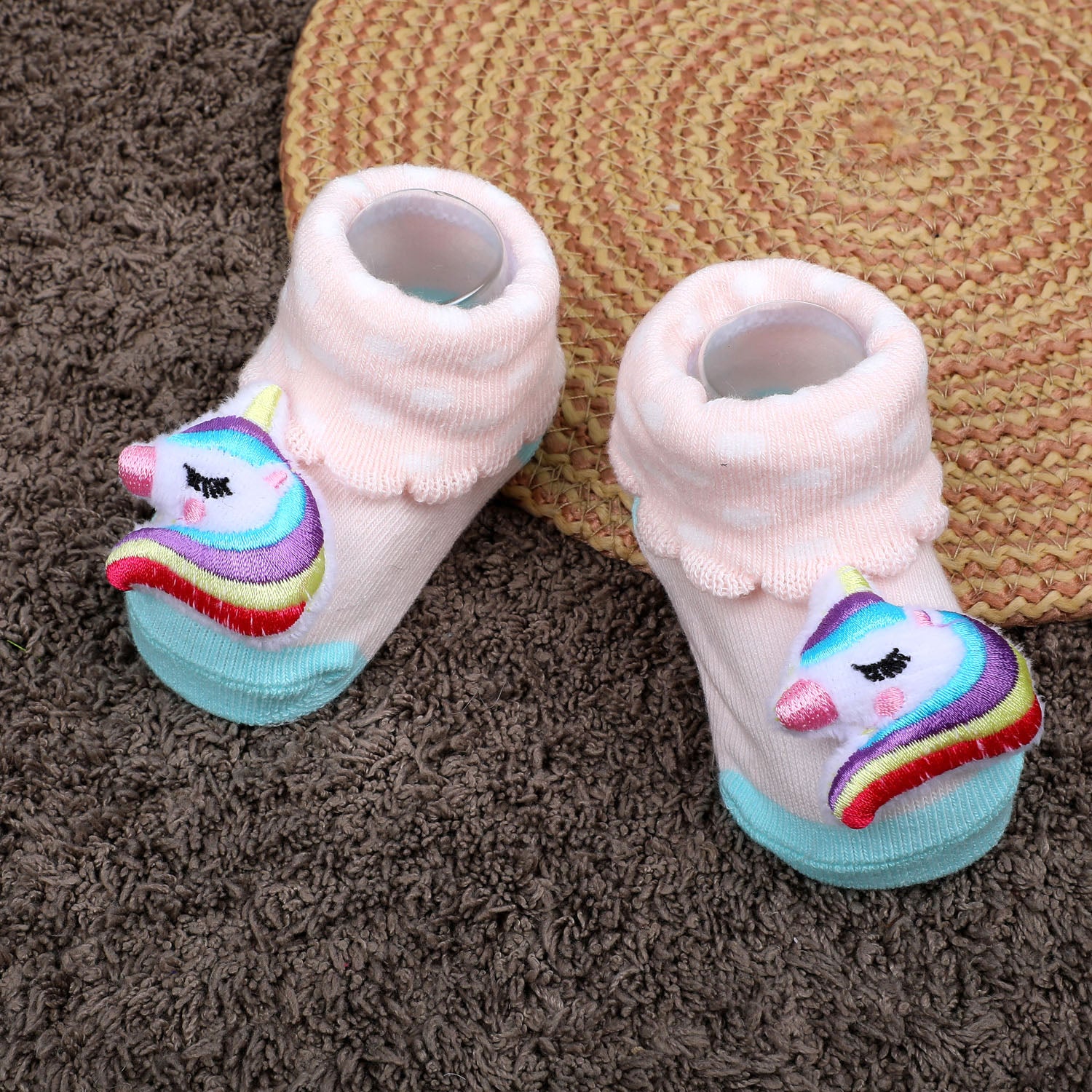 Baby Moo Unicorn Embroidered Cotton Anti-Skid 3D Socks - Pink - Baby Moo