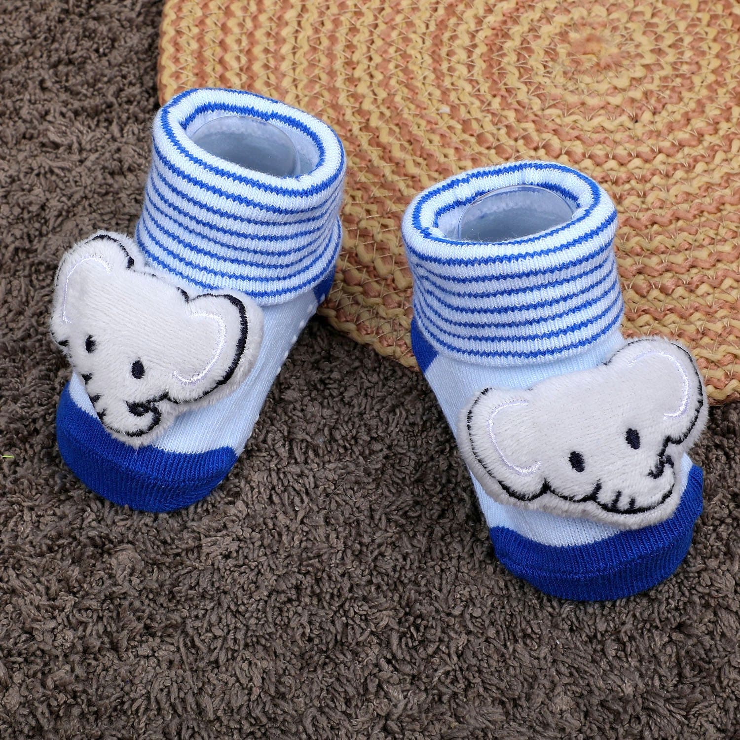 Baby Moo Elephant With Stripes Cotton Anti-Skid 3D Socks - Blue - Baby Moo