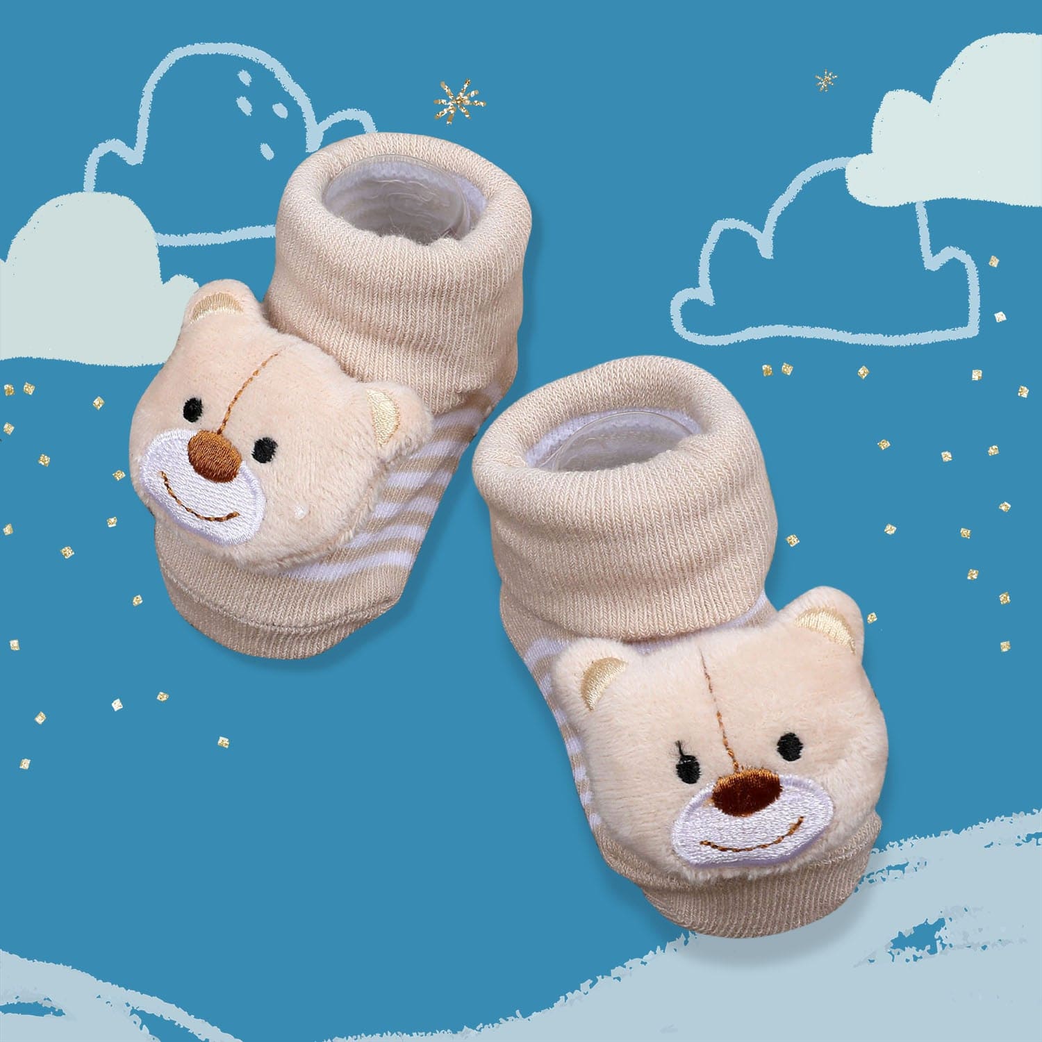 Baby Moo Happy Bear Cotton Anti-Skid 3D Socks - Beige - Baby Moo