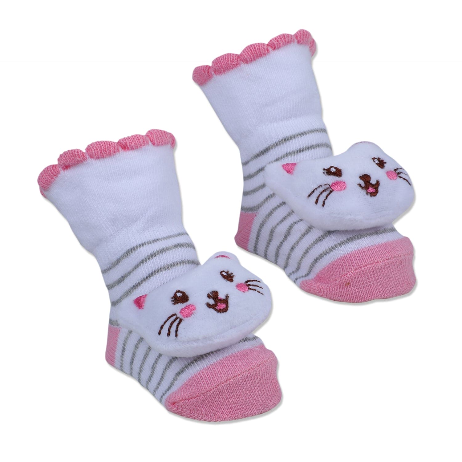 Baby Moo Blushing Kitty Cotton Anti-Skid 3D Socks - White - Baby Moo
