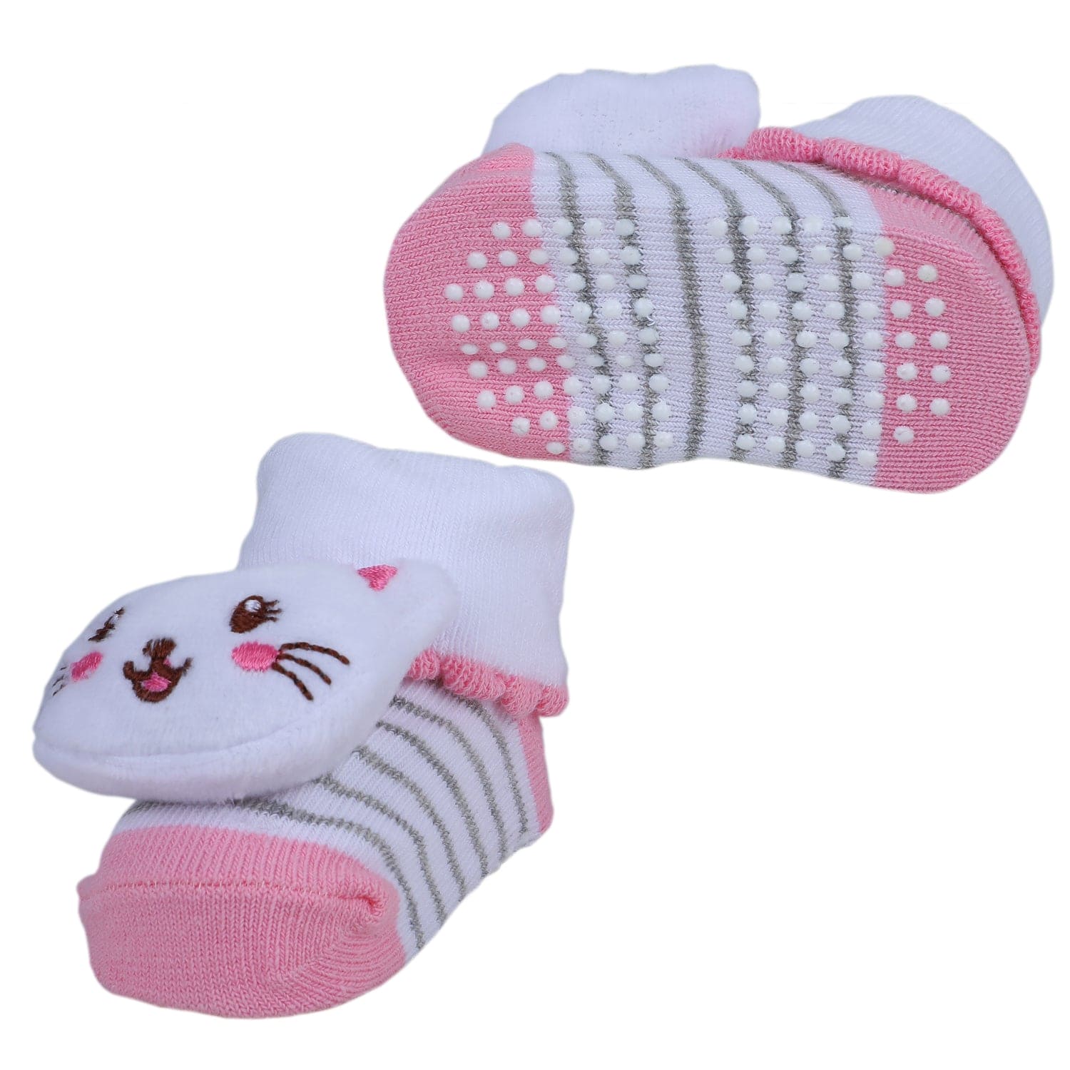 Baby Moo Blushing Kitty Cotton Anti-Skid 3D Socks - White - Baby Moo