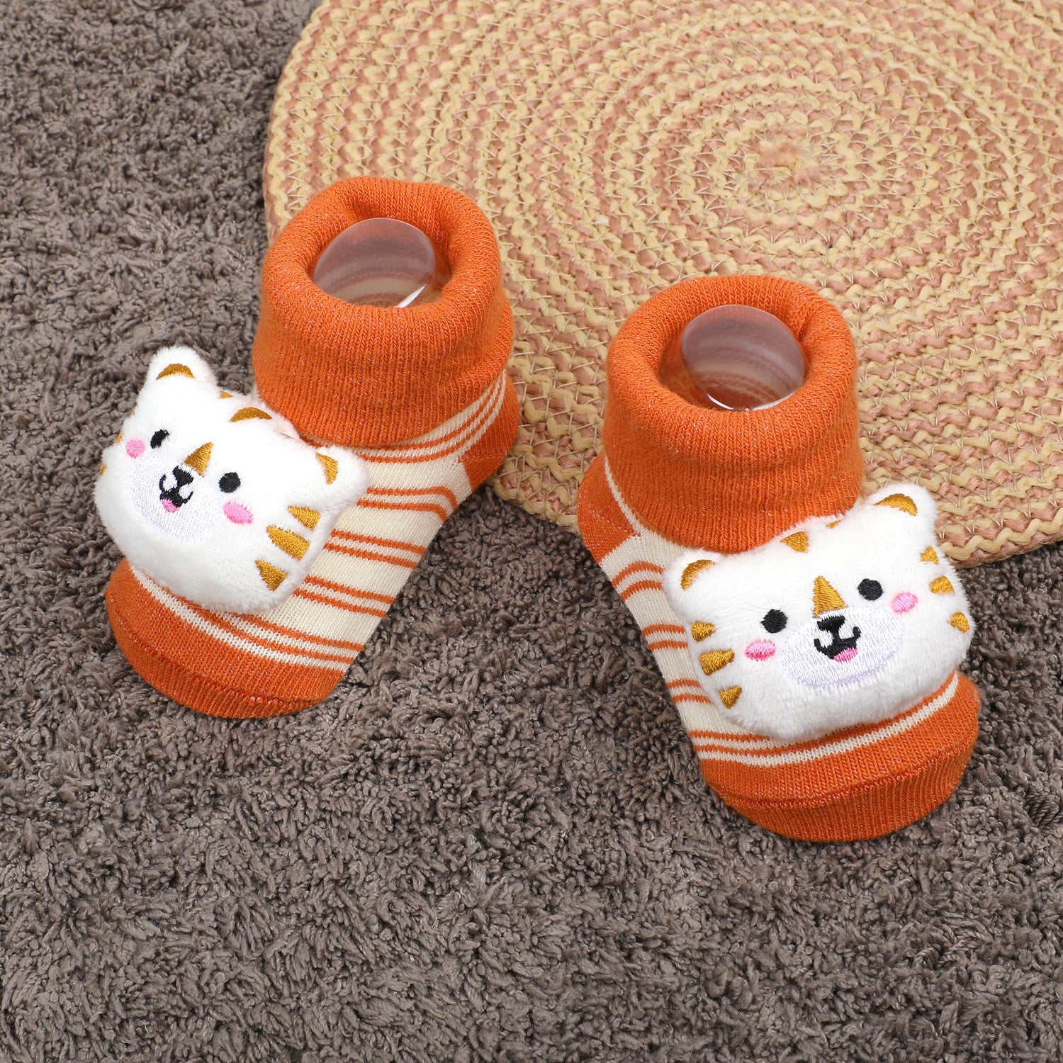 Baby Moo Tiger Cotton Anti-Skid 3D Socks - Orange - Baby Moo