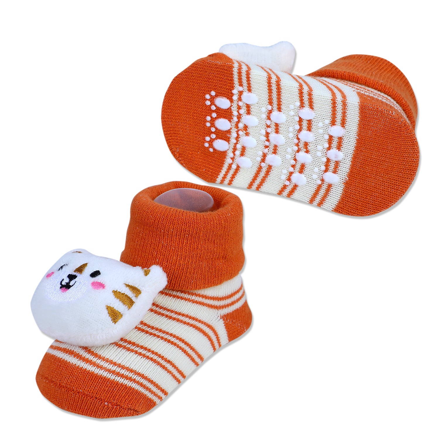 Baby Moo Tiger Cotton Anti-Skid 3D Socks - Orange - Baby Moo