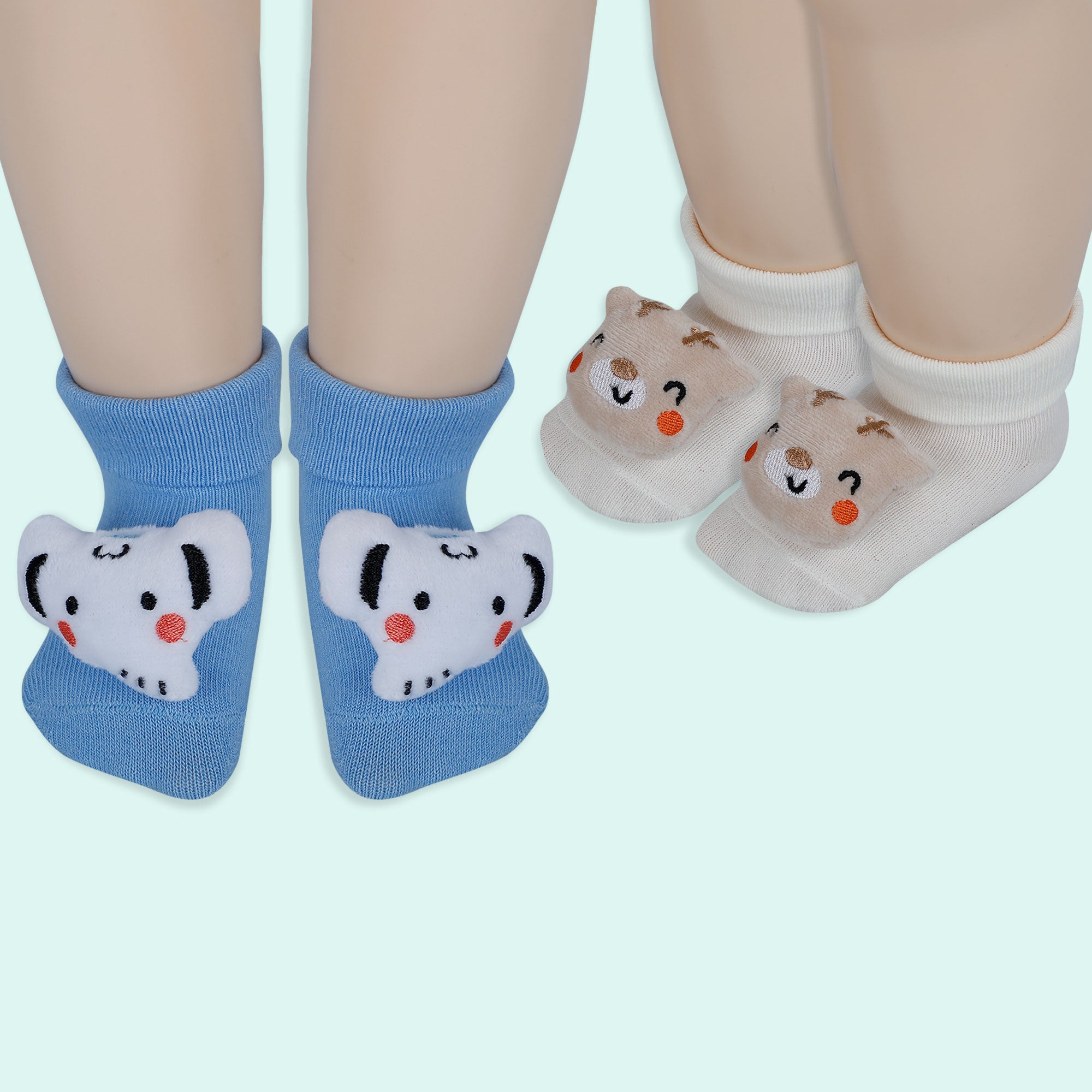 Baby Moo Elephant 3D Rattle Anti Skid Socks Booties Pack of 2 Blue