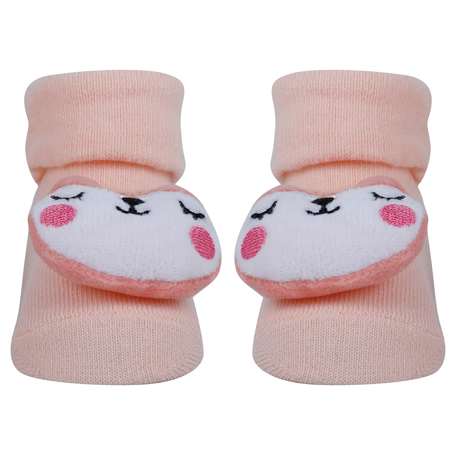 Baby Moo Kitty 3D Rattle Anti-Skid Socks Booties Pack of 3 - Peach, Multicolour