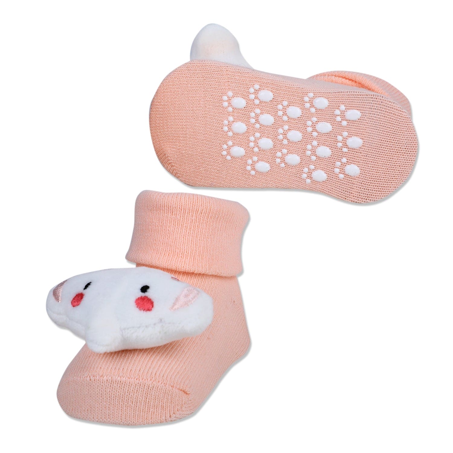 Baby Moo Fluffy Elephant Cotton Anti-Skid 3D Socks - Peach - Baby Moo