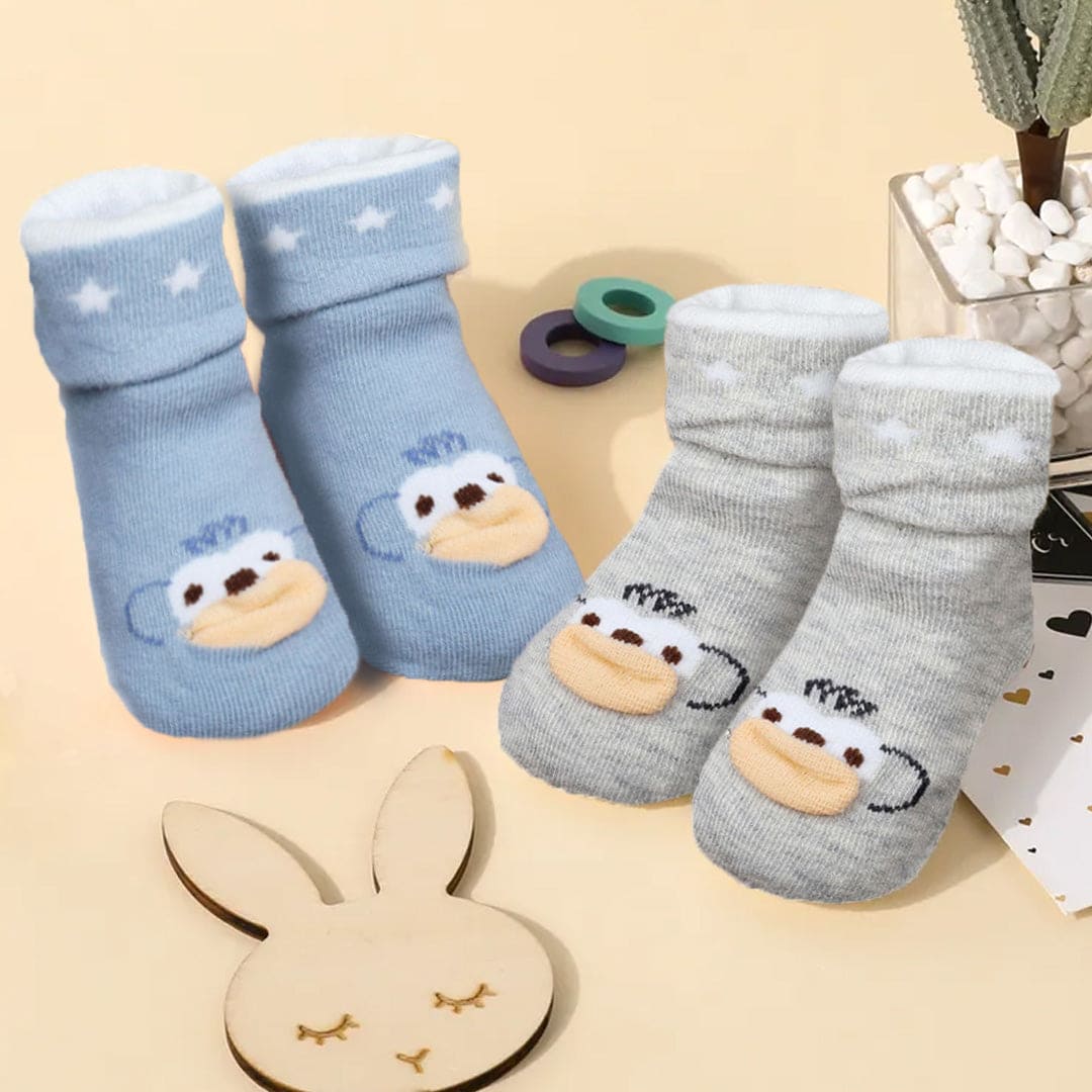 Baby Moo Little Monkey Cotton Anti-Skid 2 Pair Socks - Blue - Baby Moo