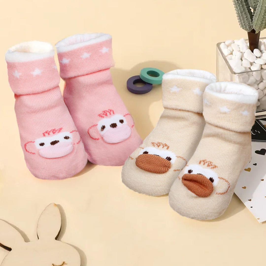 Baby Moo Little Monkey Cotton Anti-Skid 2 Pair Socks - Beige - Baby Moo