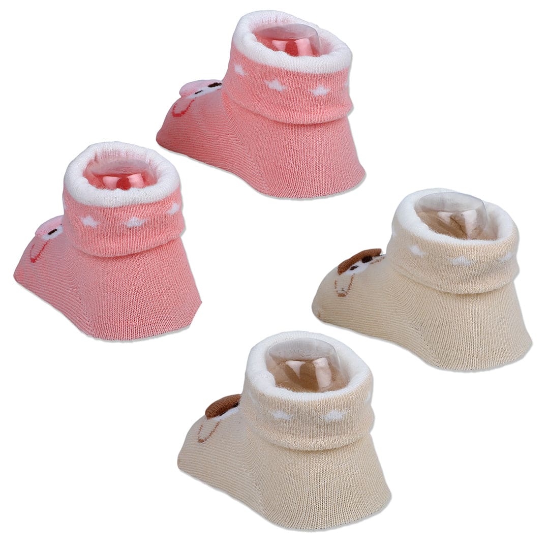 Baby Moo Little Monkey Cotton Anti-Skid 2 Pair Socks - Beige - Baby Moo
