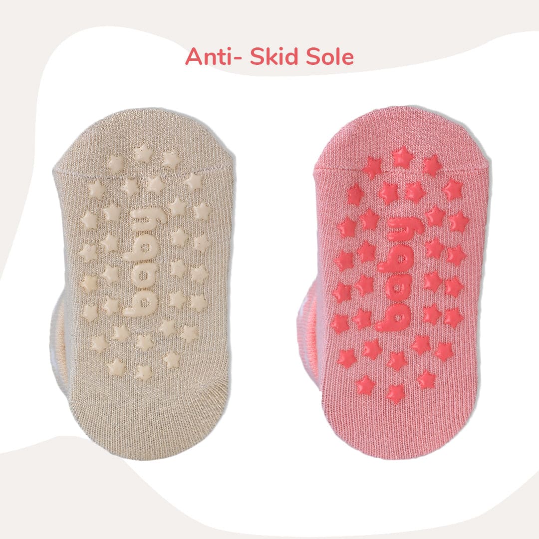 Baby Moo Little Monkey Cotton Anti-Skid 2 Pair Socks - Beige - Baby Moo