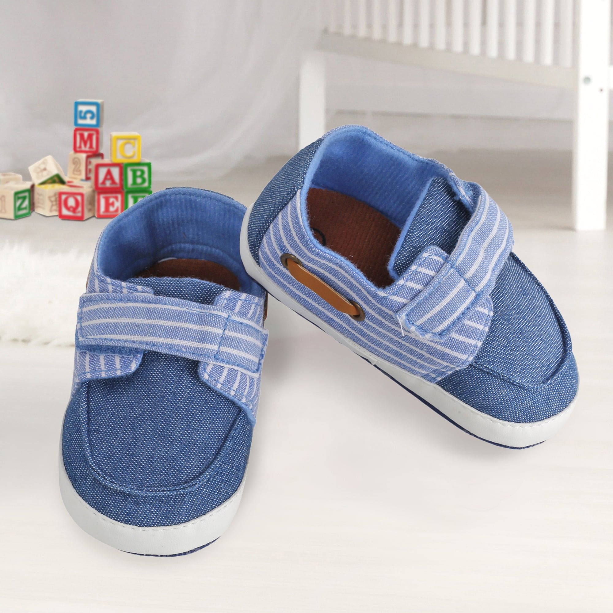 Baby Moo Striped Blue Velcro Booties - Baby Moo