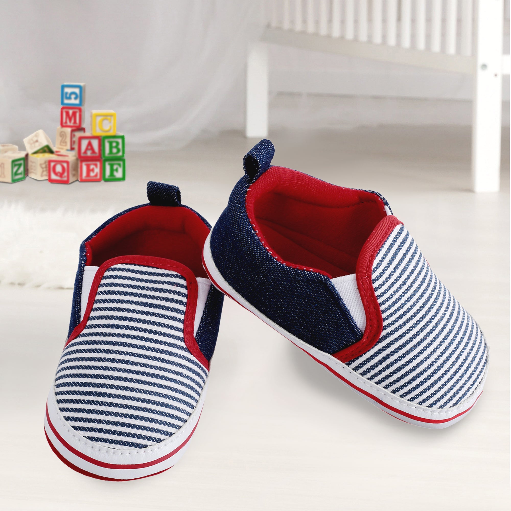 Baby Moo Striped Blue Slip-On Booties - Baby Moo