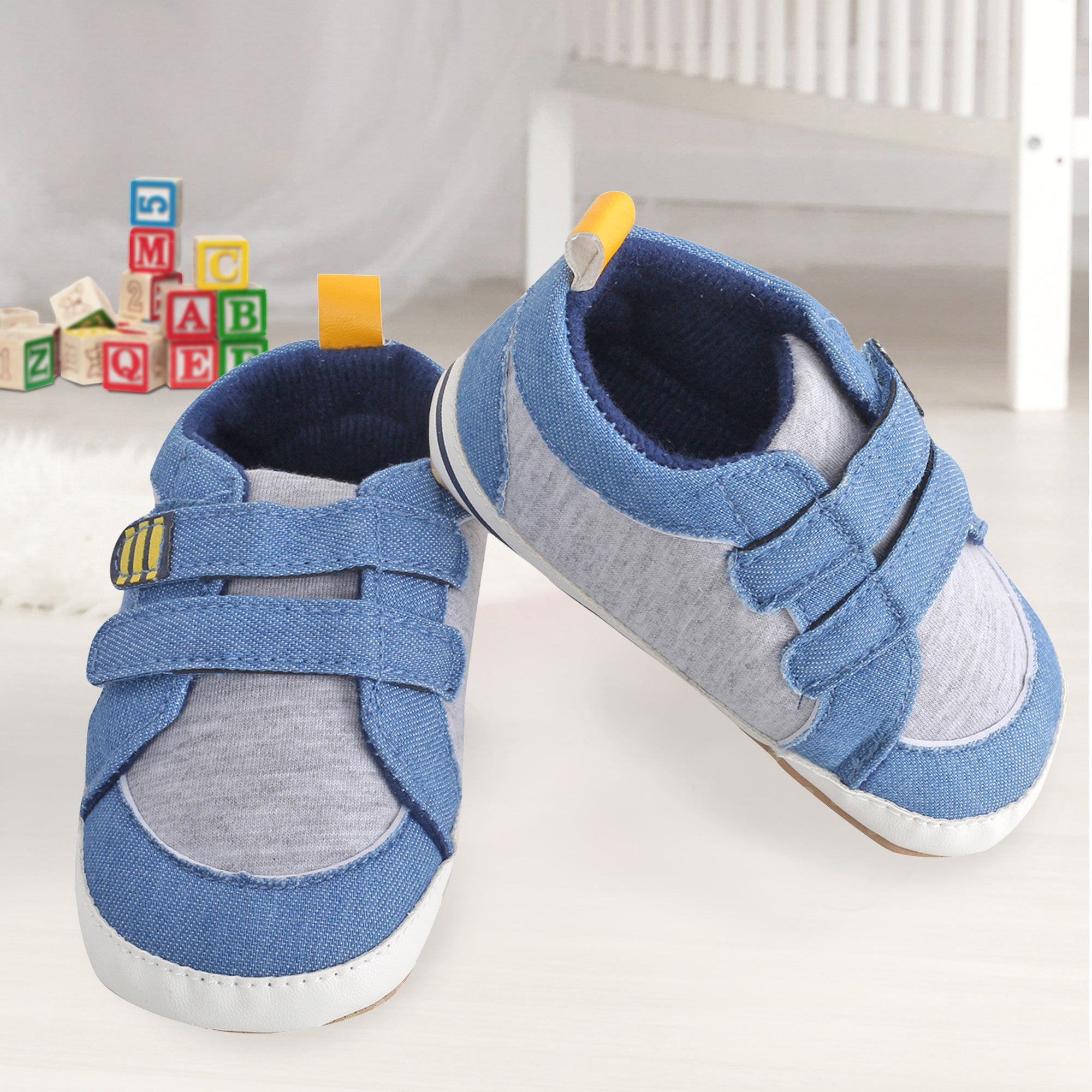 Casual Blue And Grey Velcro Booties - Baby Moo