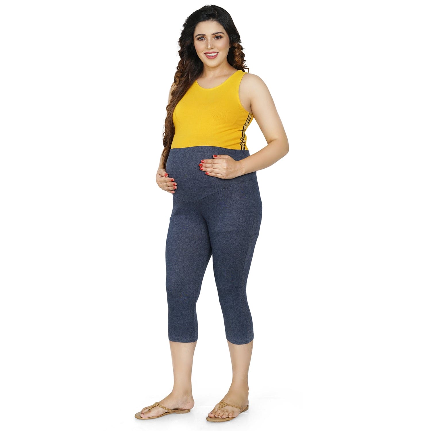 Baby Moo Soft And Comfy Mid-Calf Length Maternity Pant Solid - Denim Blue - Baby Moo