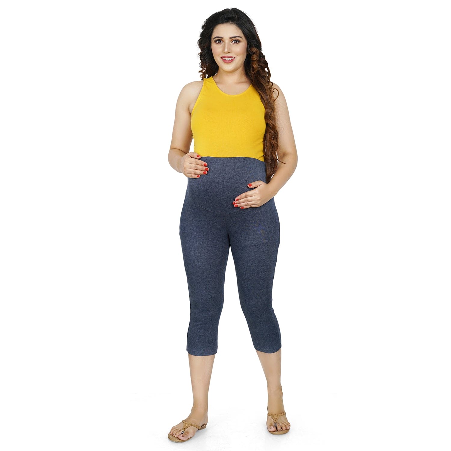Baby Moo Soft And Comfy Mid-Calf Length Maternity Pant Solid - Denim Blue - Baby Moo