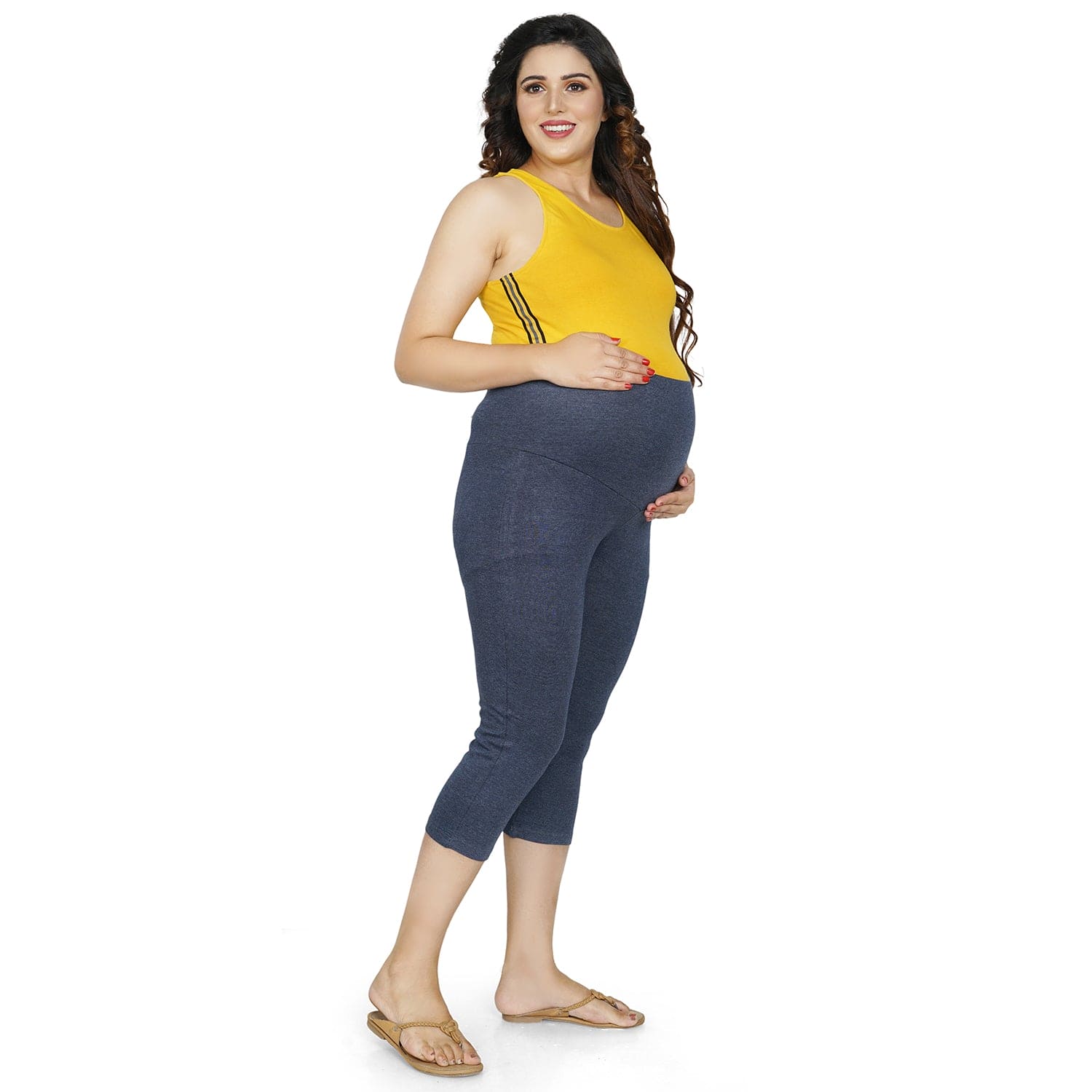 Baby Moo Soft And Comfy Mid-Calf Length Maternity Pant Solid - Denim Blue - Baby Moo