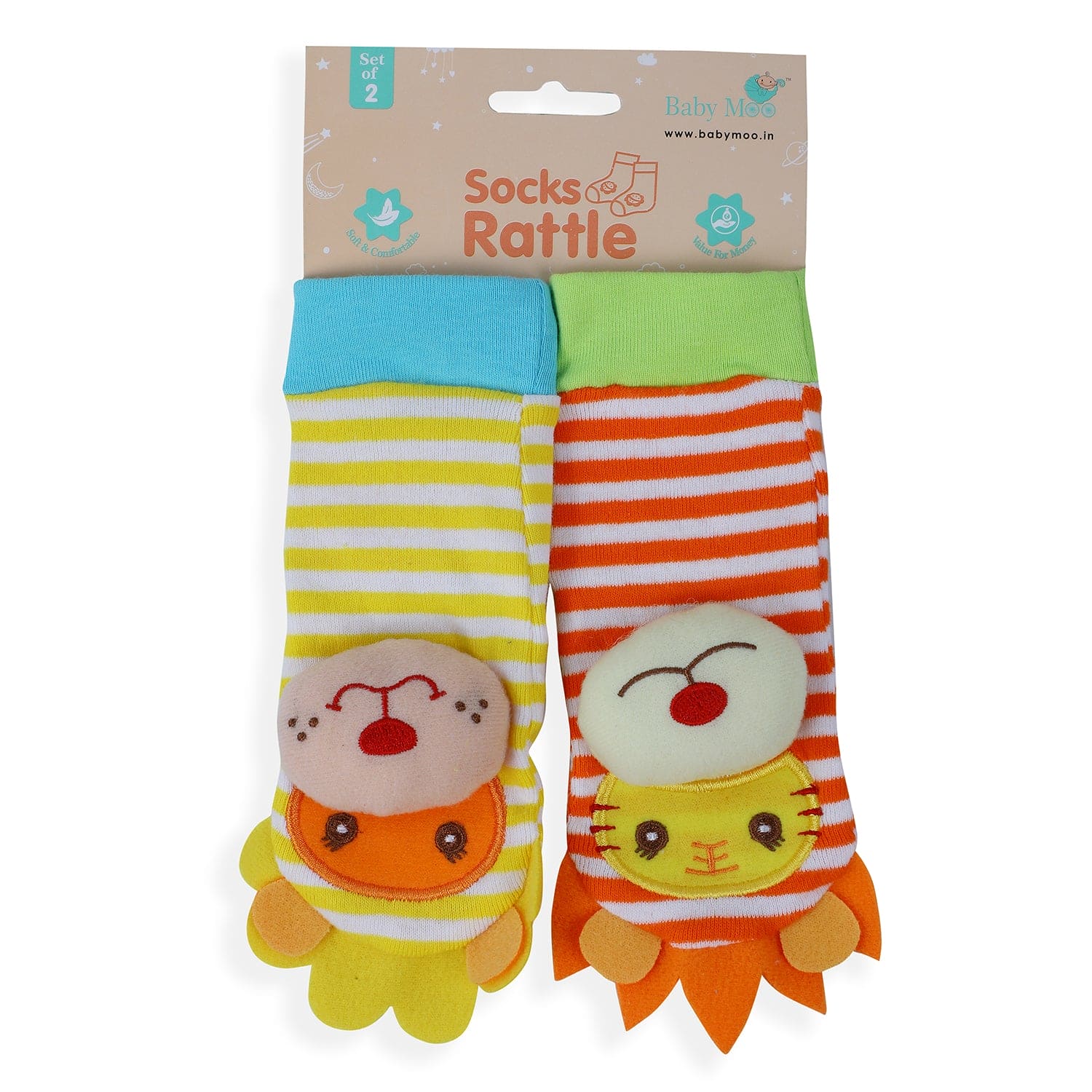 Wild Cats Yellow And Orange Set of 2 Socks Rattle - Baby Moo