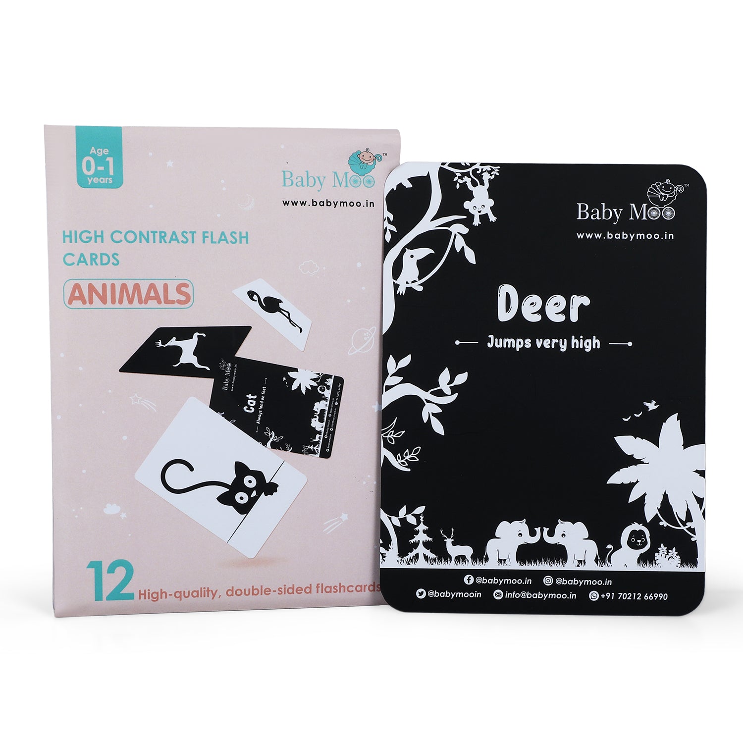 Baby Moo High Contrast Flash Cards Pack of 12 - Animals - Baby Moo