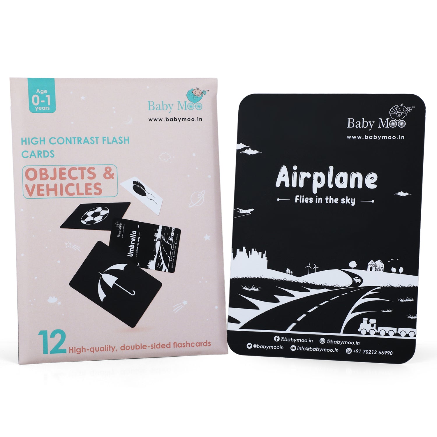 Baby Moo High Contrast Flash Cards Pack of 12 - Objects And Vehicles - Baby Moo