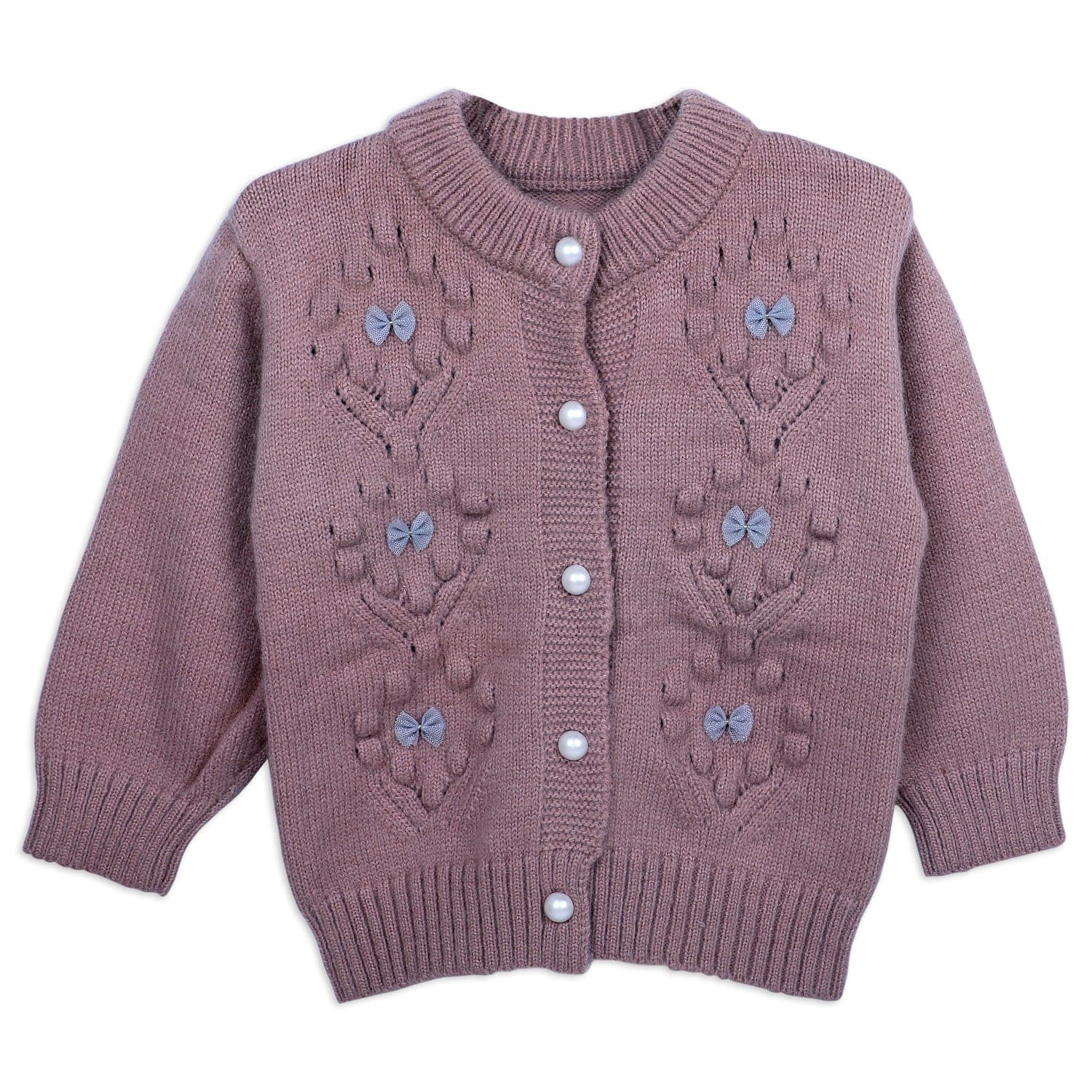 Elegant Bow And Pearl Buttons Premium Full Sleeves Knitted Sweater - Mauve - Baby Moo