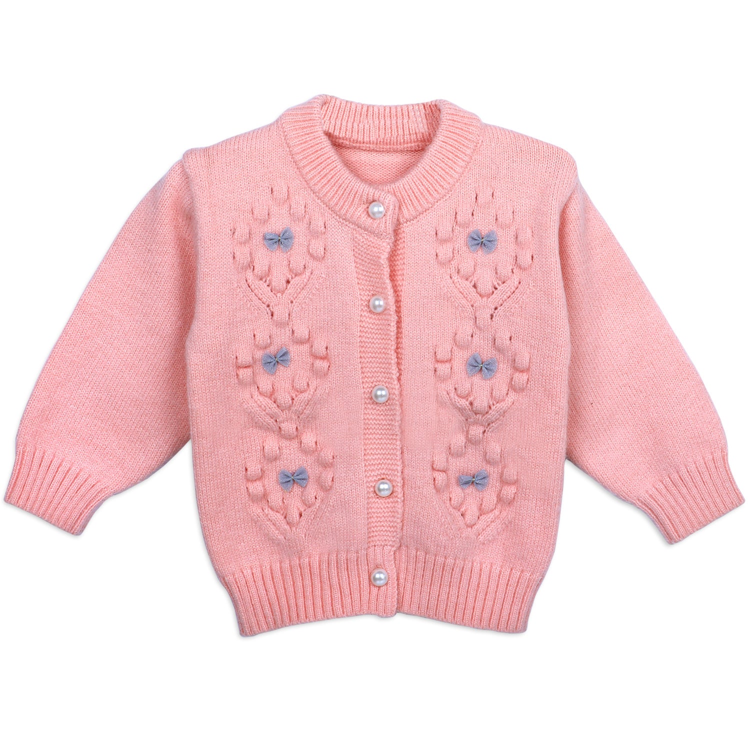 Elegant Bow And Pearl Buttons Premium Full Sleeves Knitted Sweater - Pink - Baby Moo