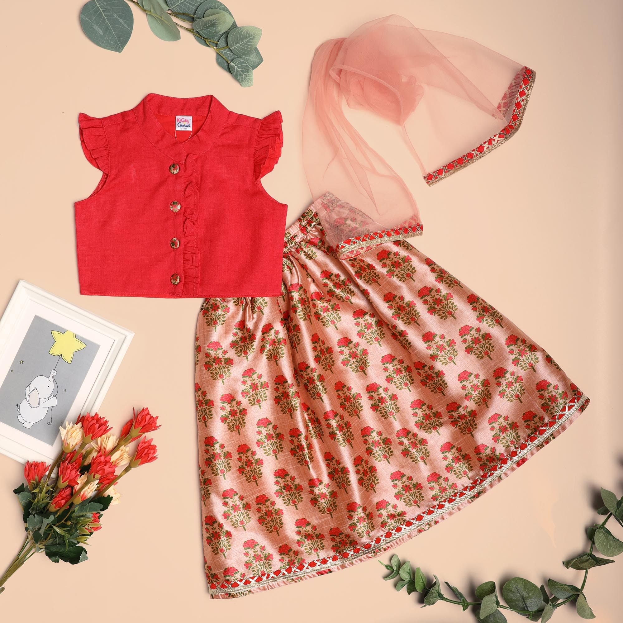 Kicks & Crawl Rosy Red Lehenga, Blouse & Dupatta Set - Baby Moo