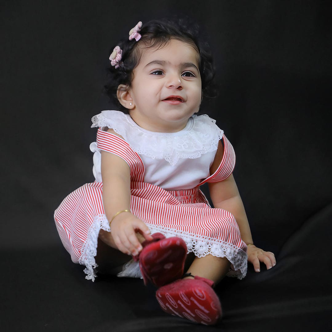 Baby Moo Striped Suspenders Skirt With Lace And Solid Top 2pcs Set - R