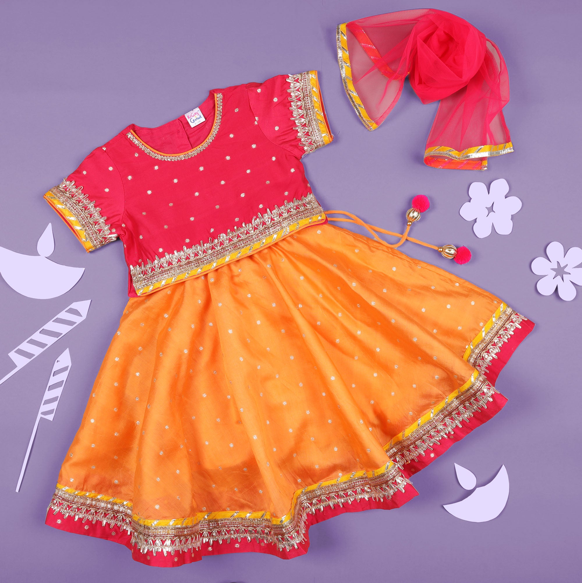 Kicks & Crawl Pink & Orange Lehenga, Blouse & Dupatta Set - Baby Moo