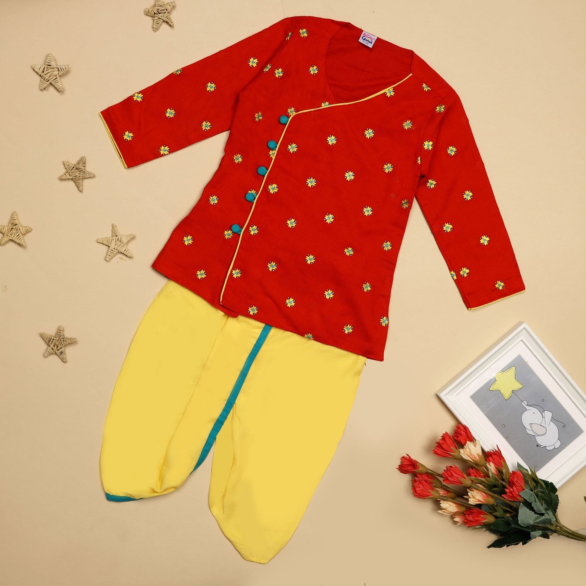 Kicks & Crawl Festive Red Angrakha Dhoti Kurta Set - Baby Moo