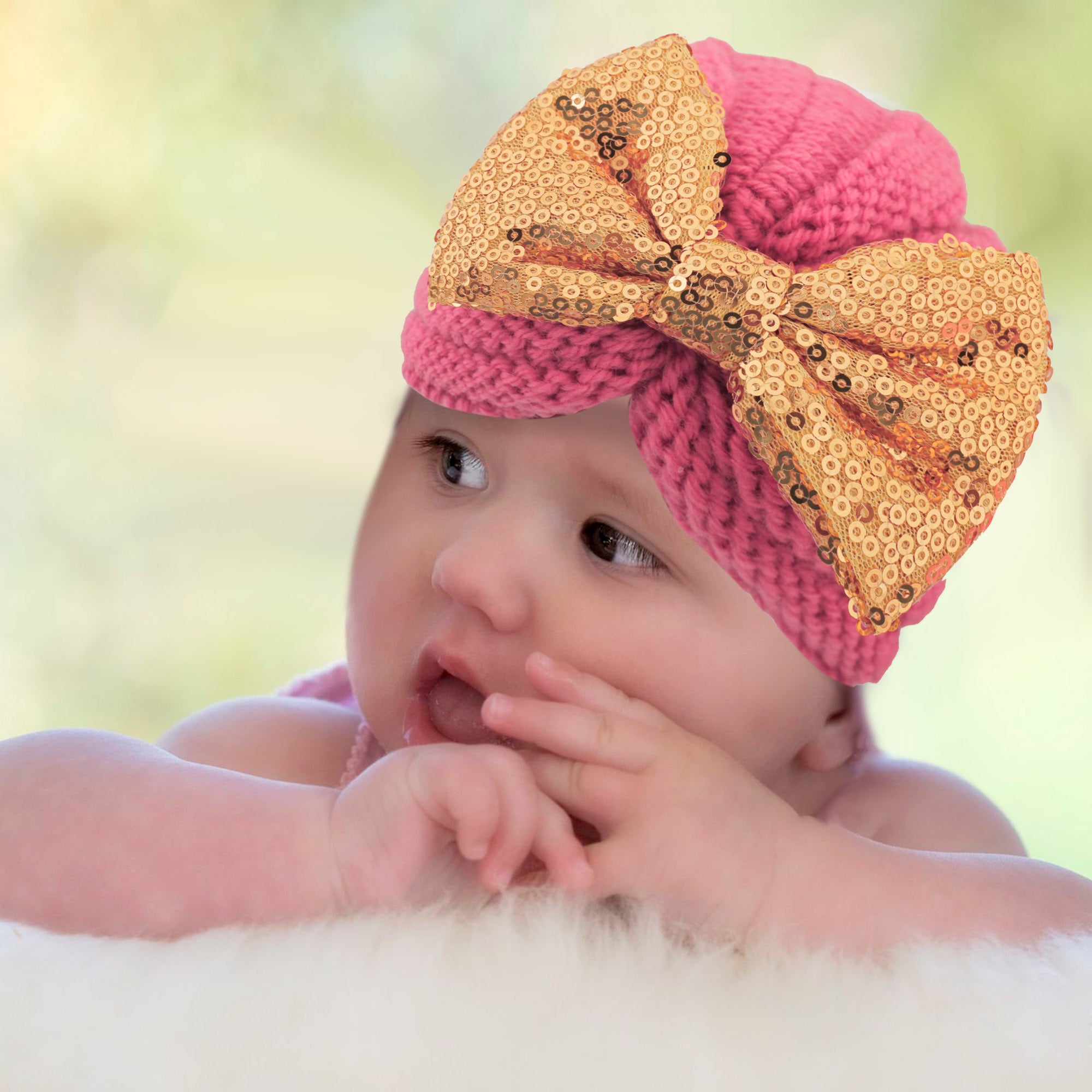 Partywear Pink And Gold Turban Cap - Baby Moo