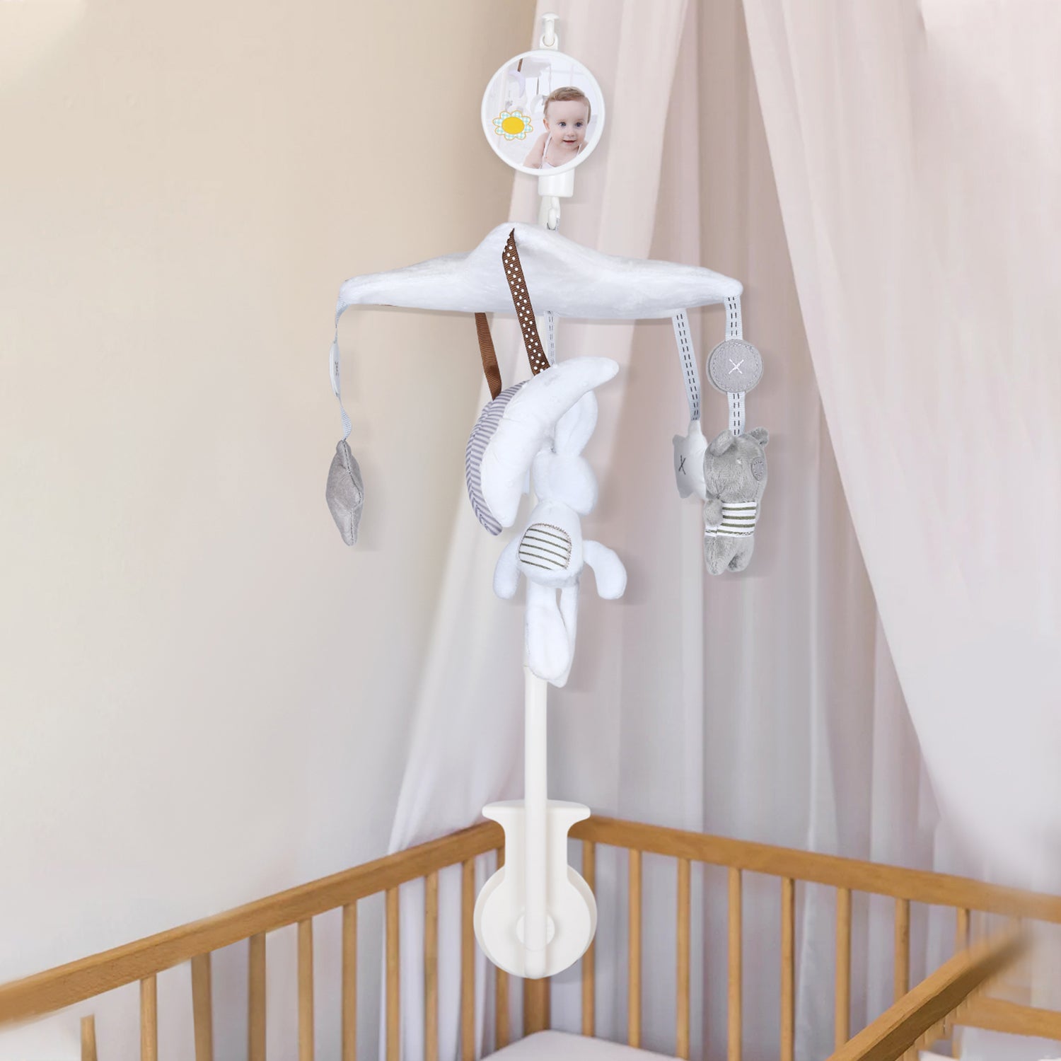 Rabbit Premium Musical Rotating Cot Mobile With Hanging Rattle Toys - White - Baby Moo