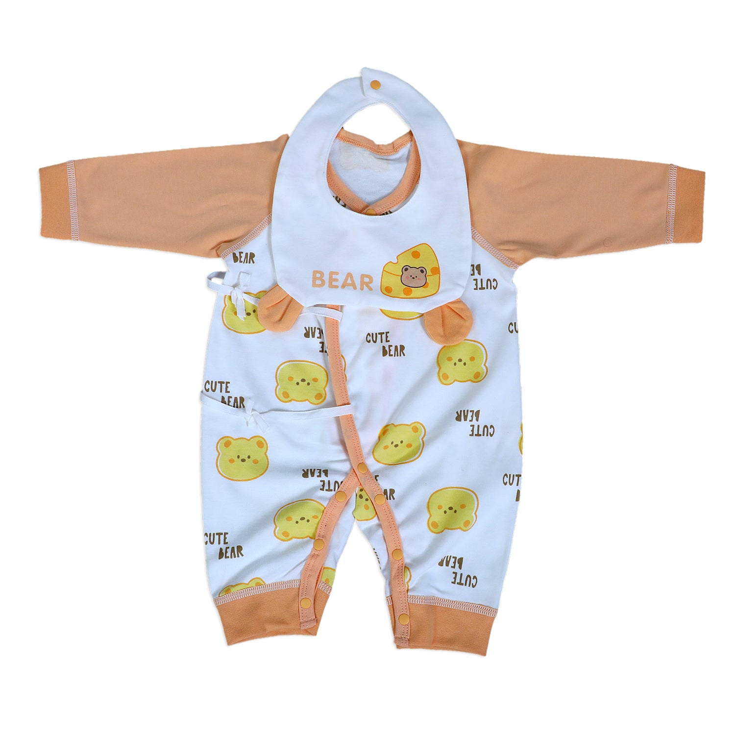 Cute Bear Full Sleeves One-Piece Body Suit With Snap Buttons Tie Knot And Matching Bib - Orange - Baby Moo