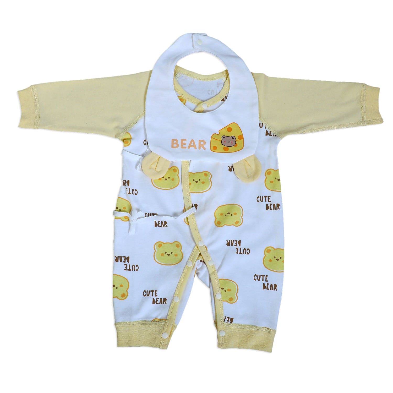 Cute Bear Full Sleeves One-Piece Body Suit With Snap Buttons Tie Knot And Matching Bib - Yellow - Baby Moo