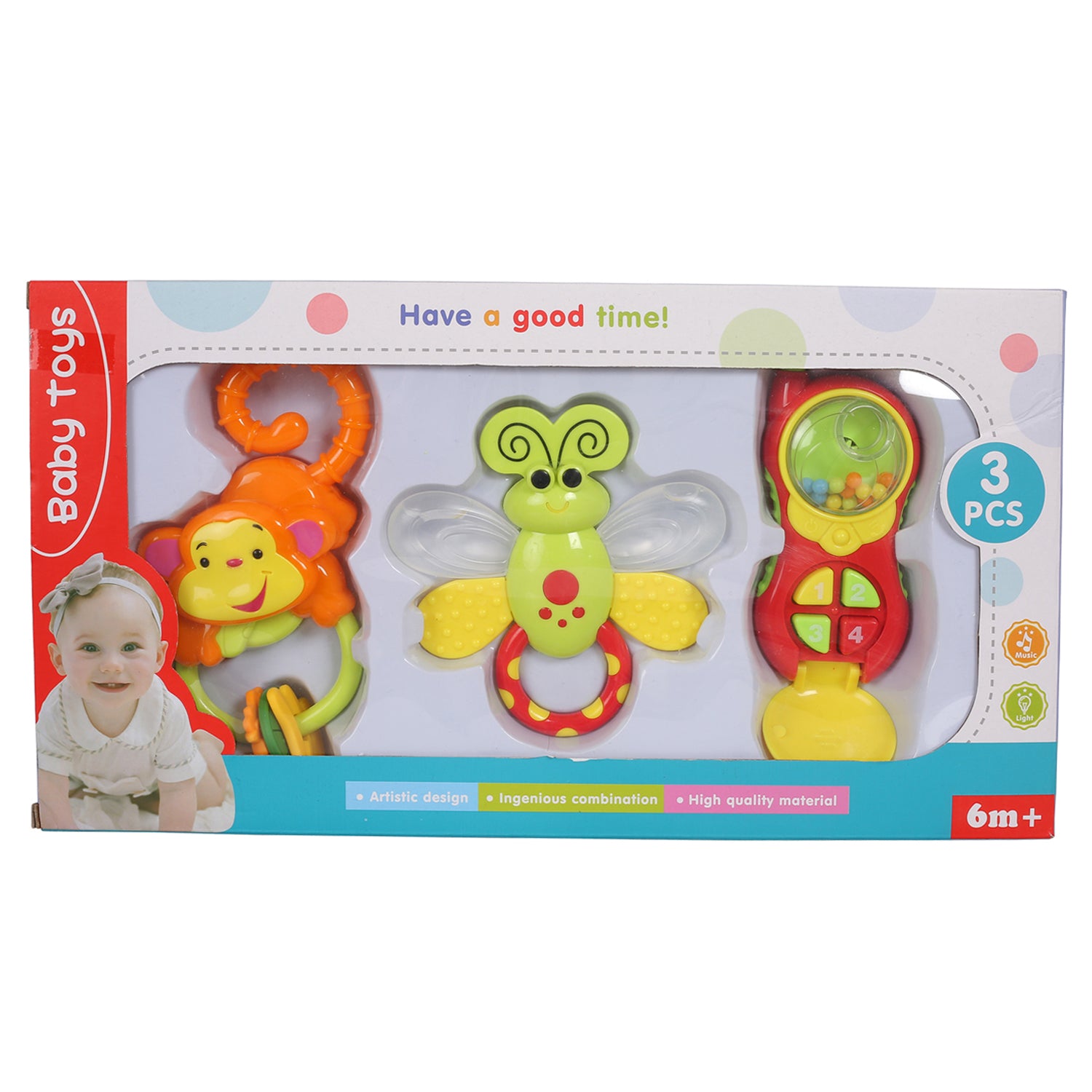 Monkey Bee And Phone Multicolour Set of 3 Musical Rattle Toys - Baby Moo