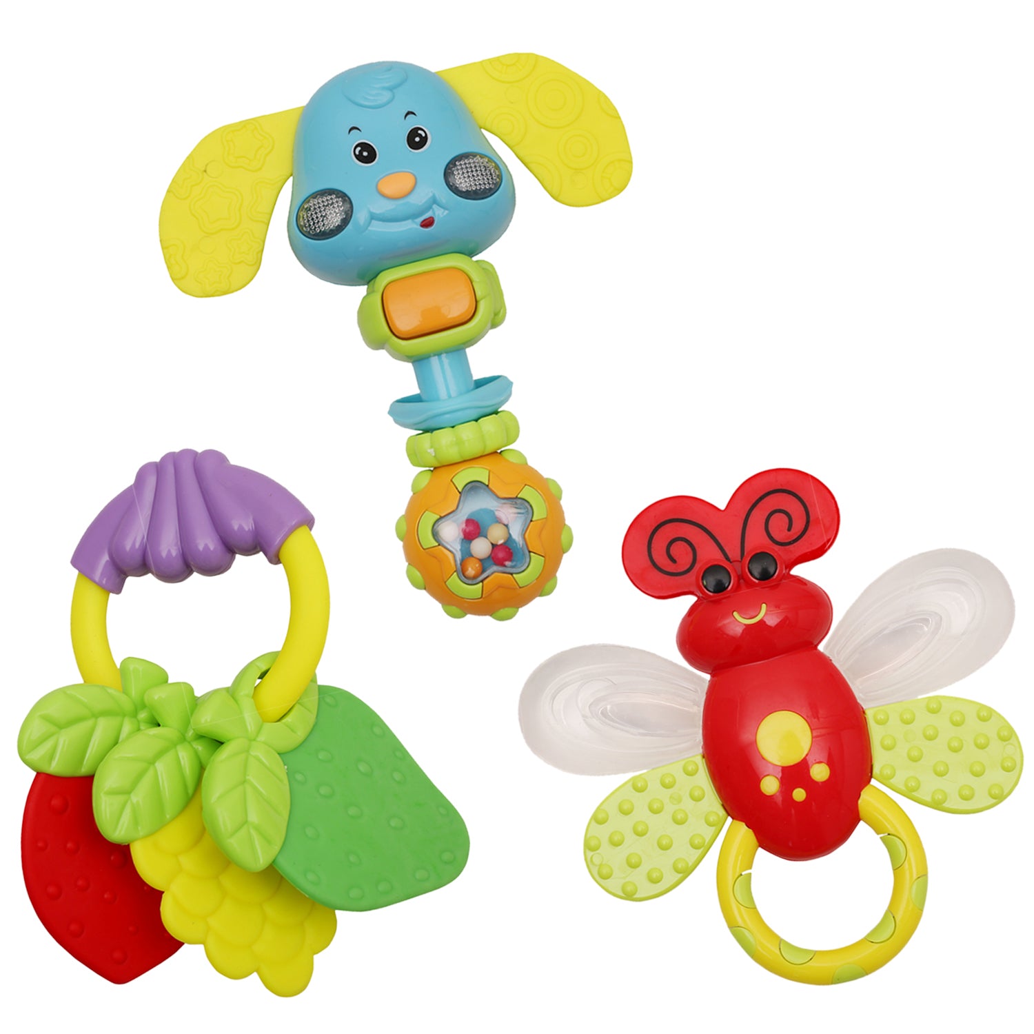 Animal And Fruit Multicolour Set of 3 Musical Rattle Teether - Baby Moo