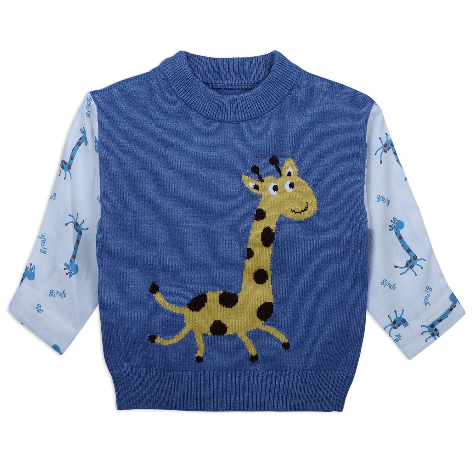 Cute Giraffe Premium Full Sleeves Knitted Sweater - Blue And White - Baby Moo