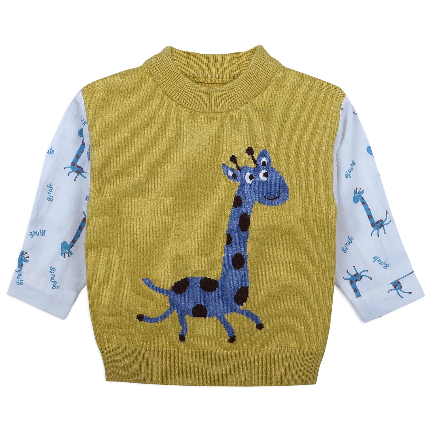 Cute Giraffe Premium Full Sleeves Knitted Sweater - Mustard And White - Baby Moo