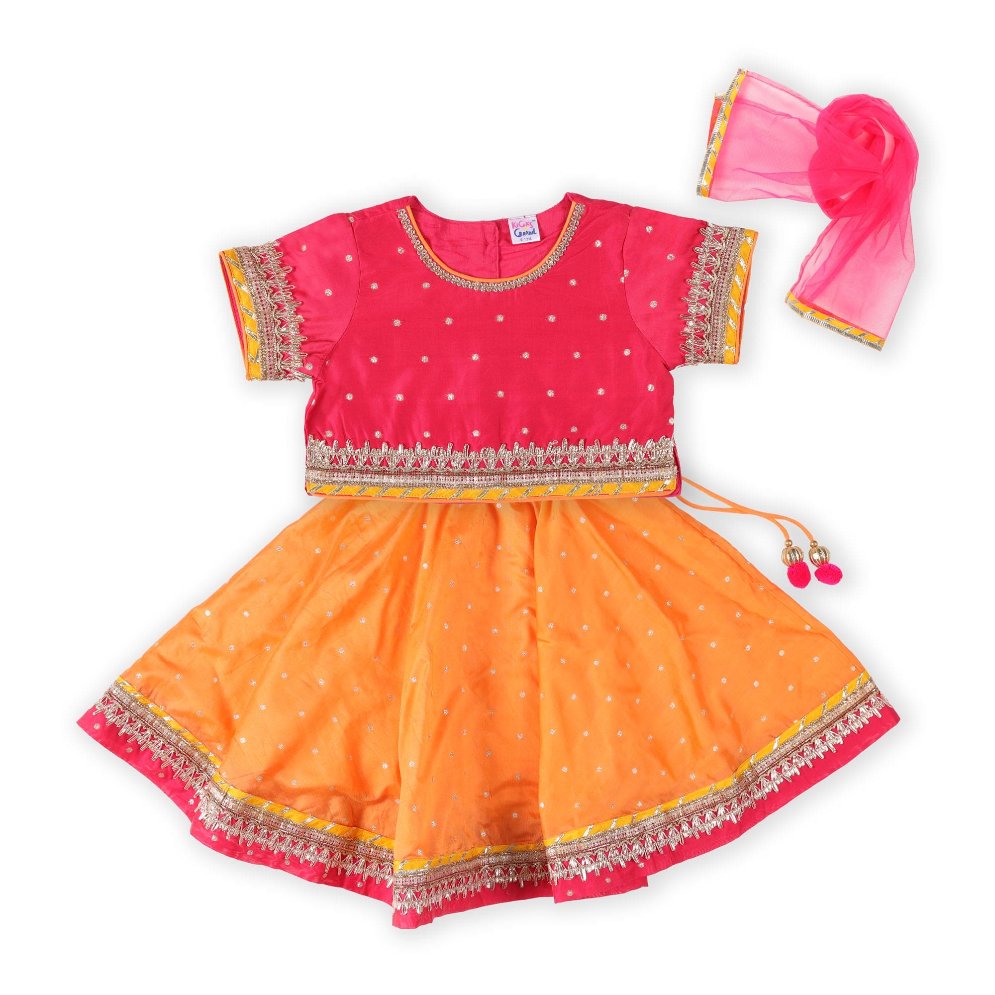Kicks & Crawl Pink & Orange Lehenga, Blouse & Dupatta Set - Baby Moo
