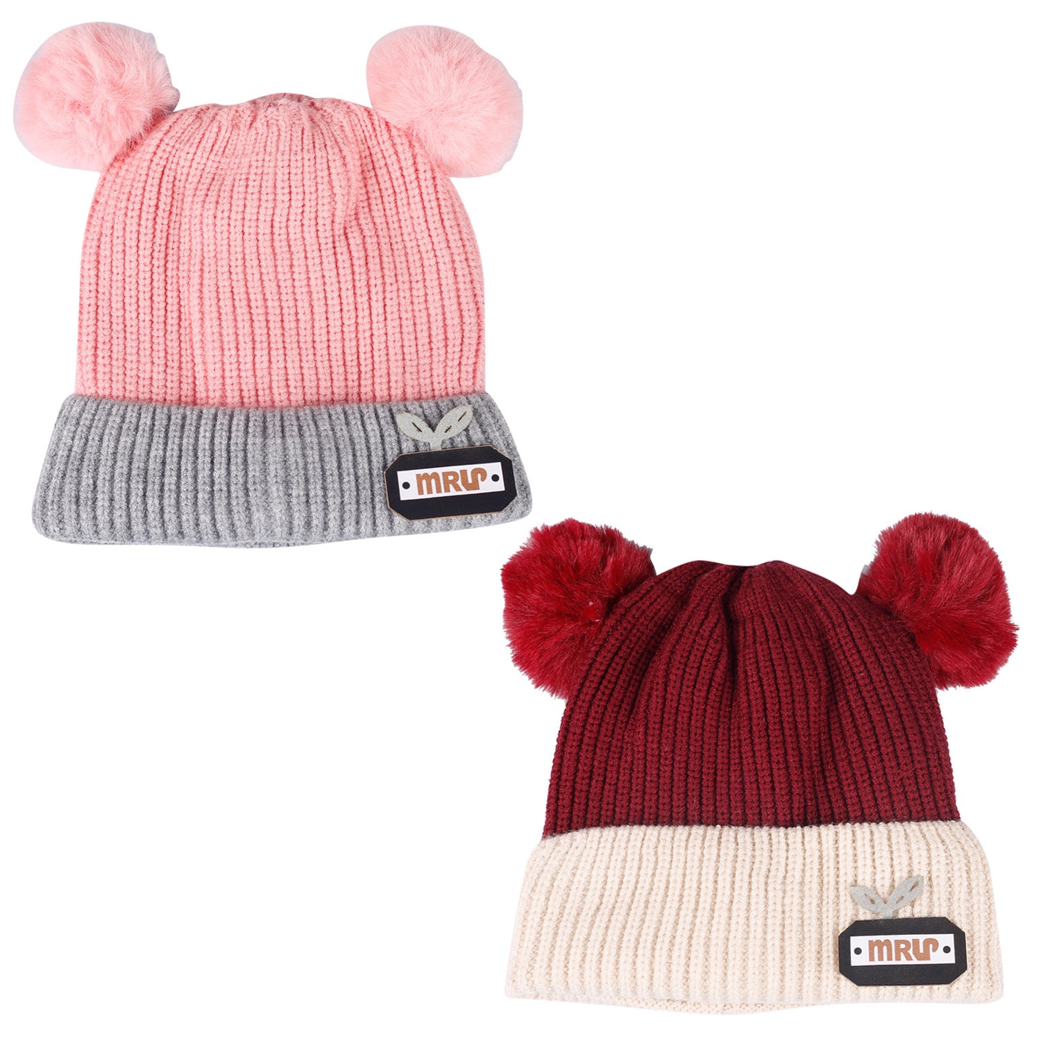 Pom Pom Maroon And Pink 2 Pk Woolen Cap - Baby Moo