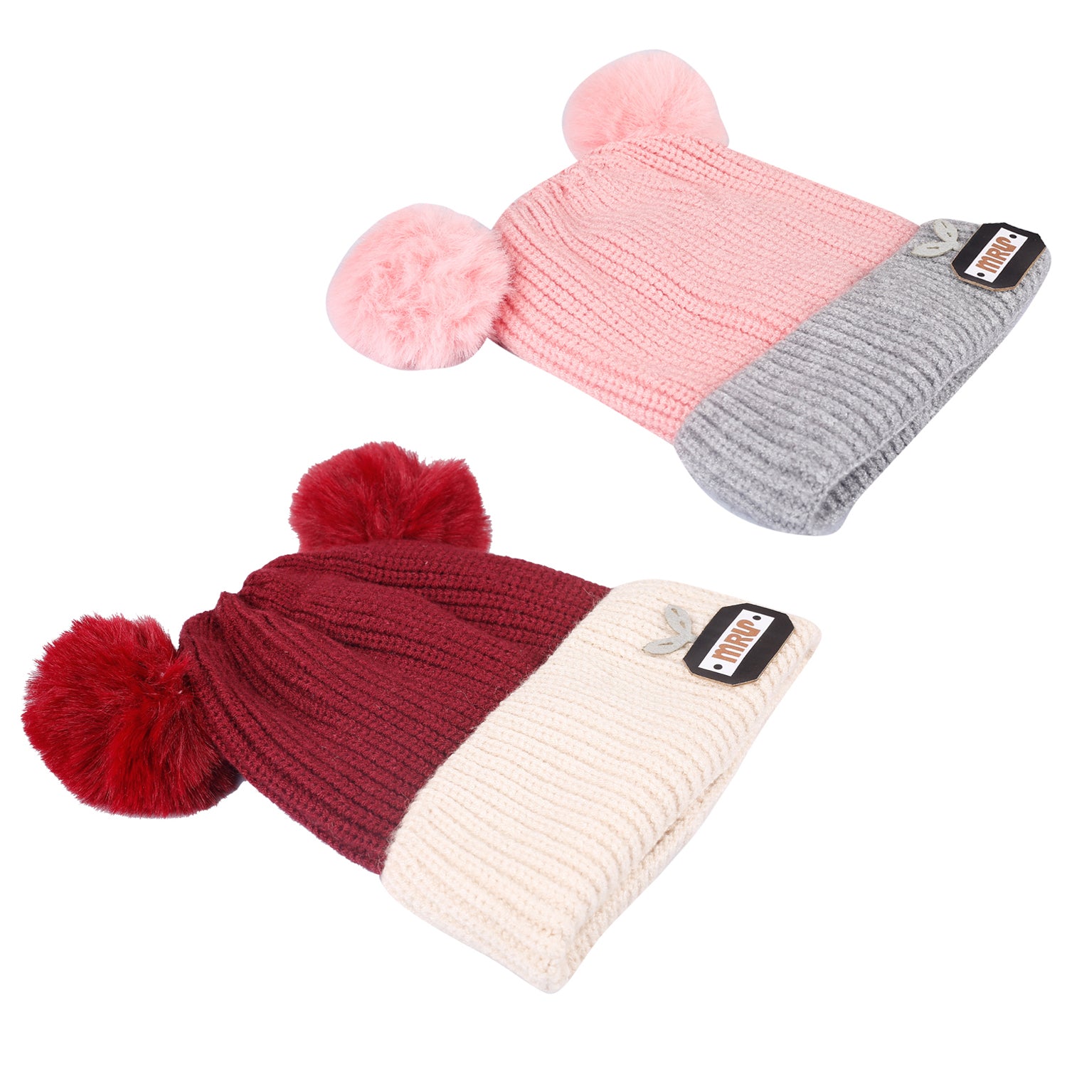 Pom Pom Maroon And Pink 2 Pk Woolen Cap - Baby Moo