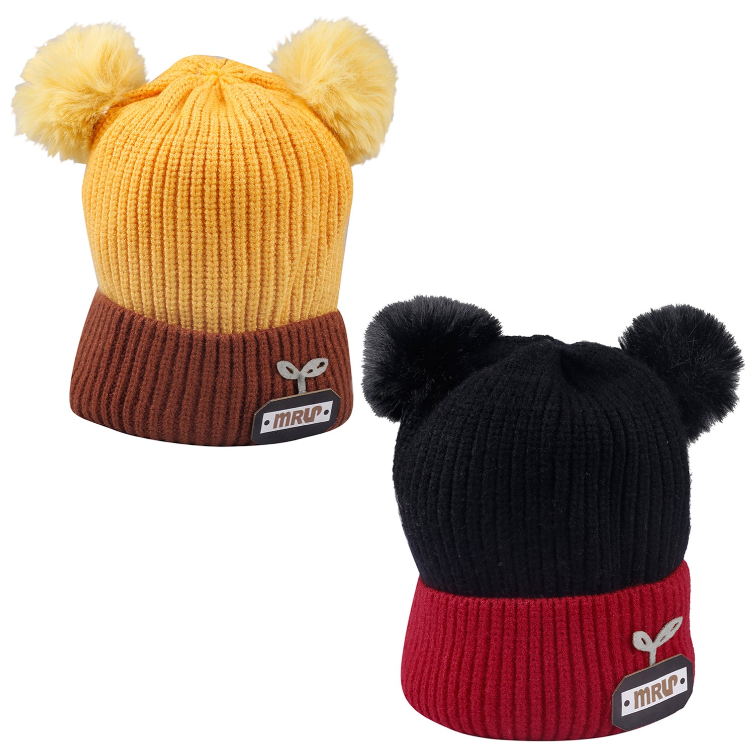 Pom Pom Black And Yellow 2 Pk Woolen Cap - Baby Moo