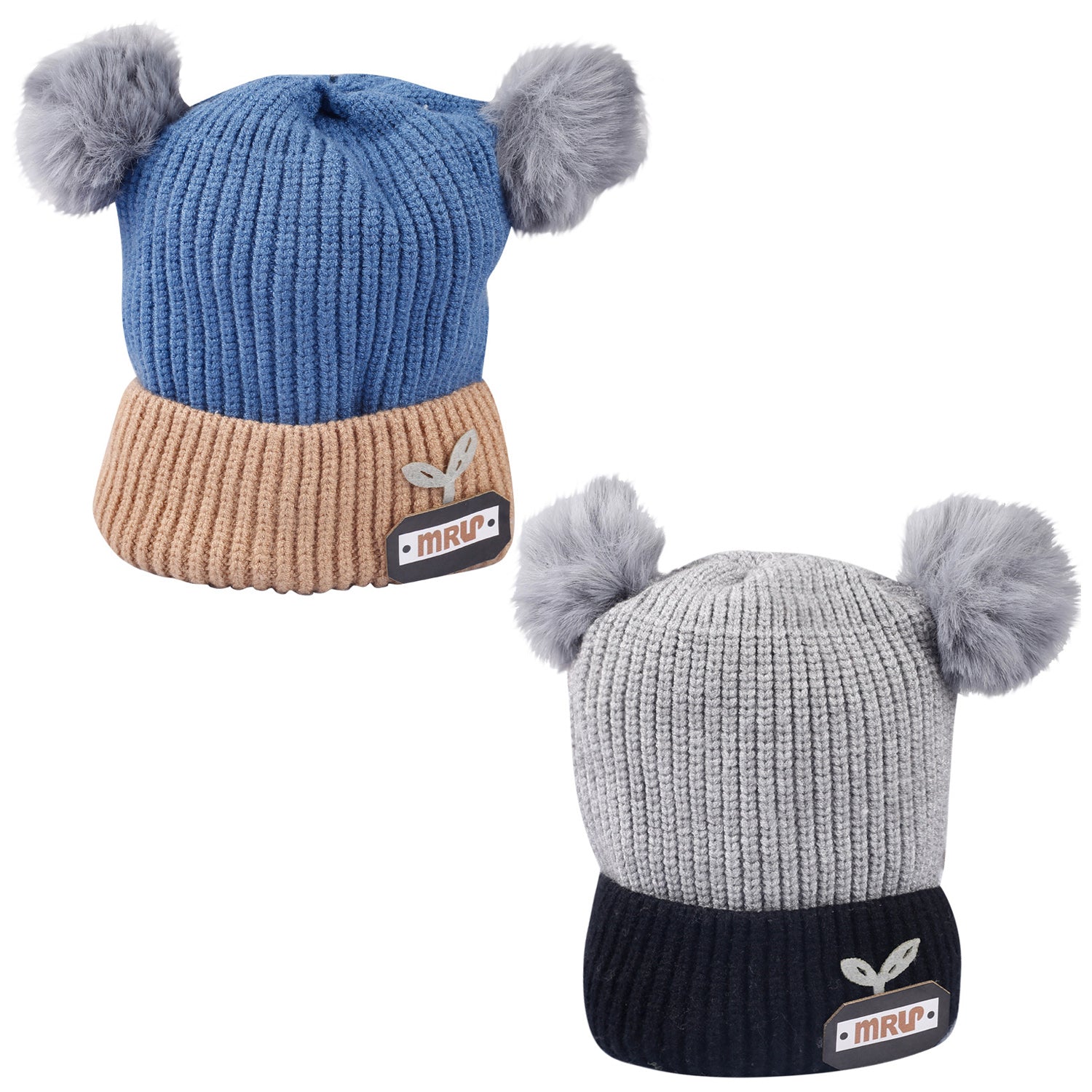 Pom Pom Blue And Grey 2 Pk Woolen Cap - Baby Moo