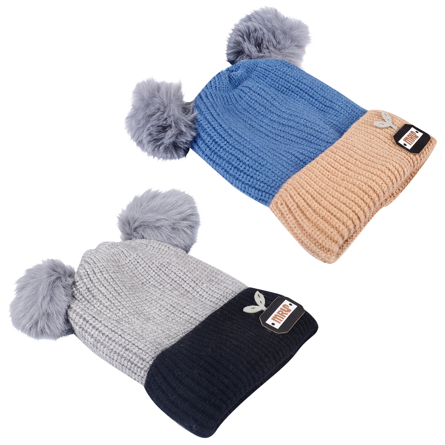 Pom Pom Blue And Grey 2 Pk Woolen Cap - Baby Moo