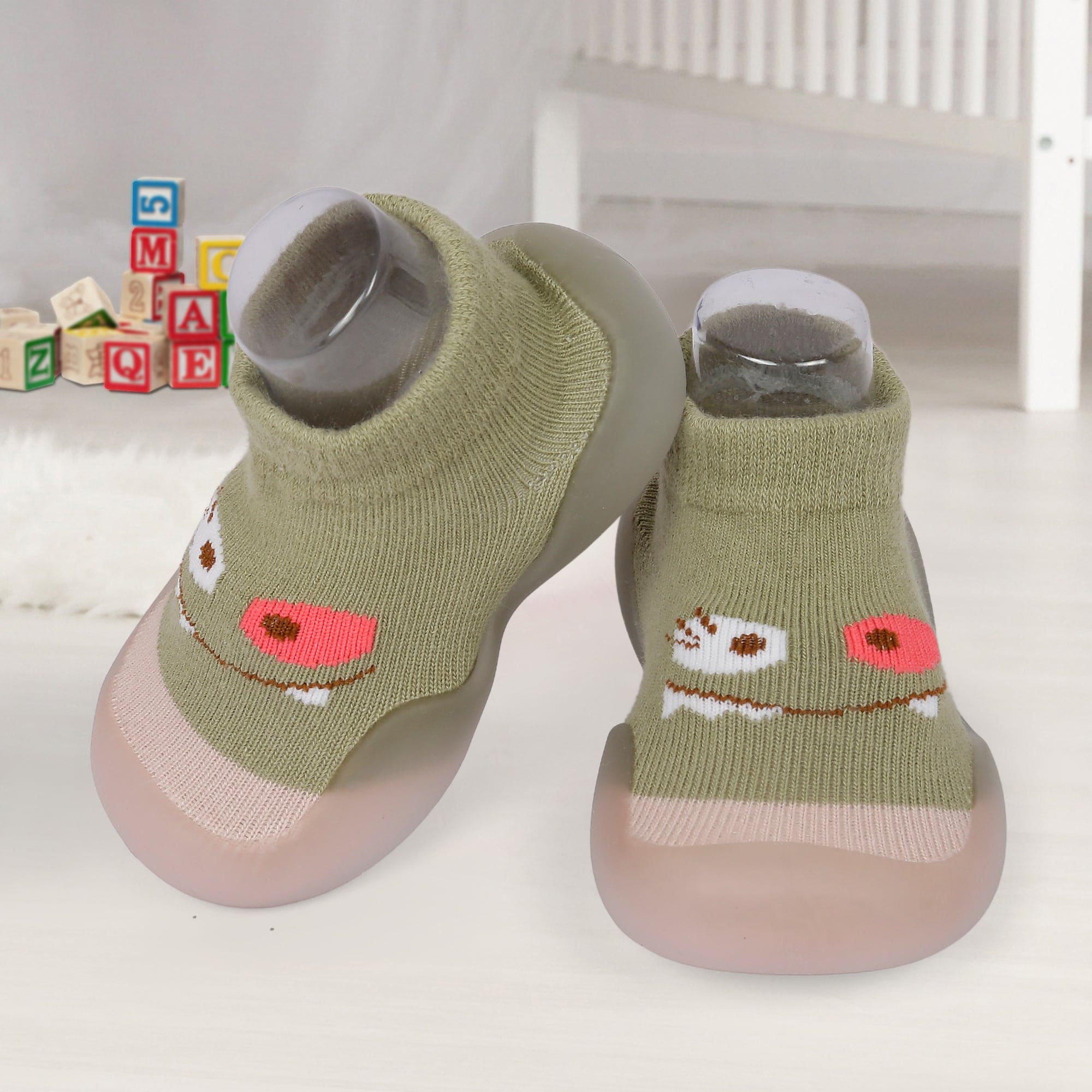 Cute Eye Anti-Skid Slip-On Rubber Sole Shoes - Olive Green - Baby Moo