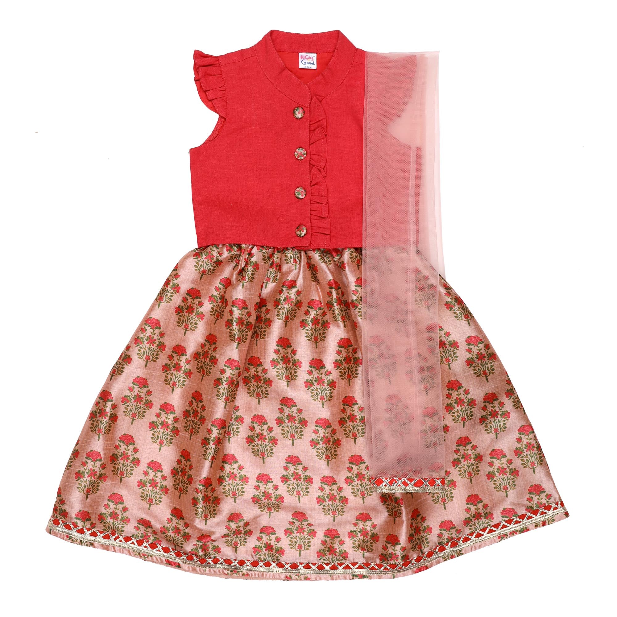 Kicks & Crawl Rosy Red Lehenga, Blouse & Dupatta Set - Baby Moo