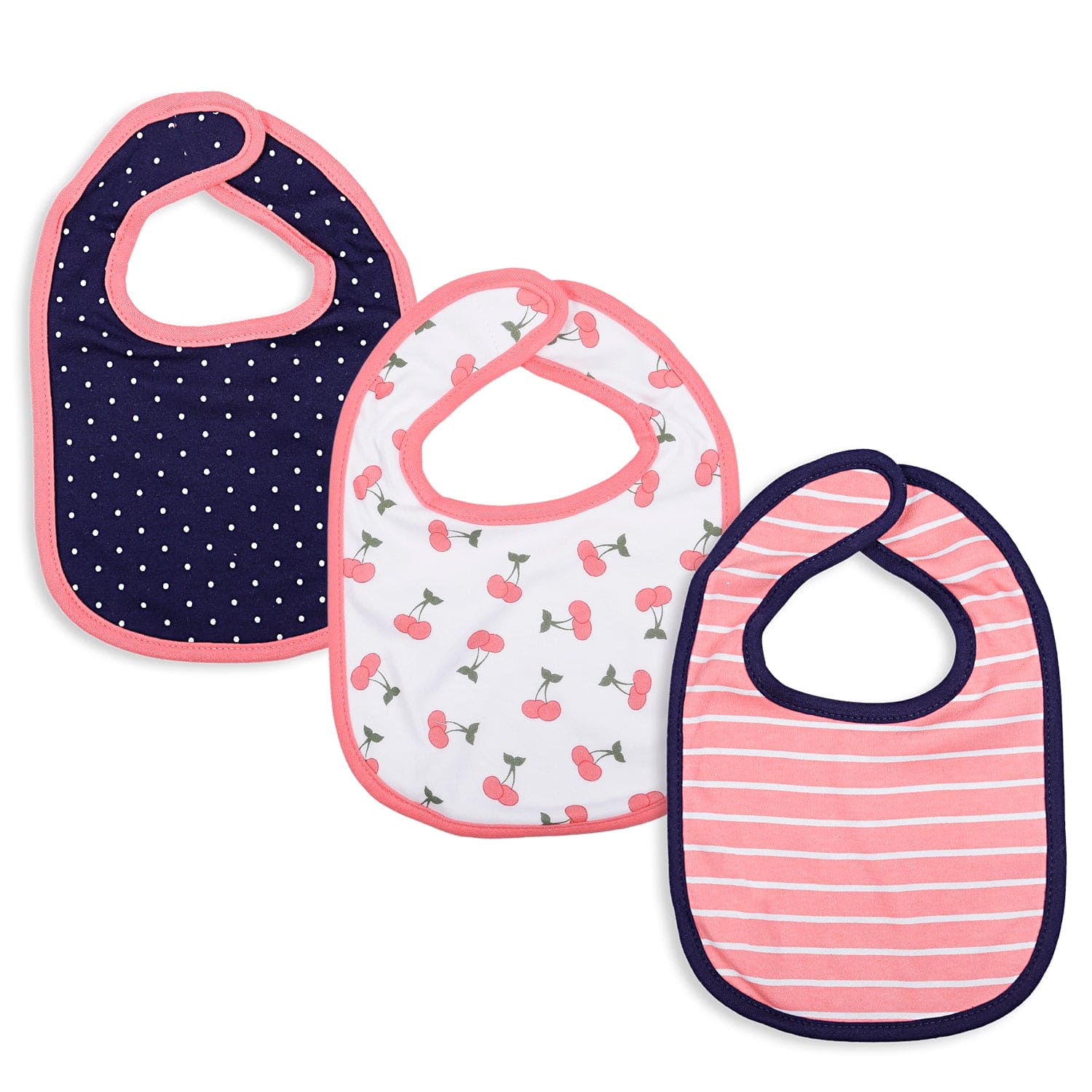 Feeding Bibs Pack Of 3 Cherry, Striped And Polka Pink Blue - Baby Moo