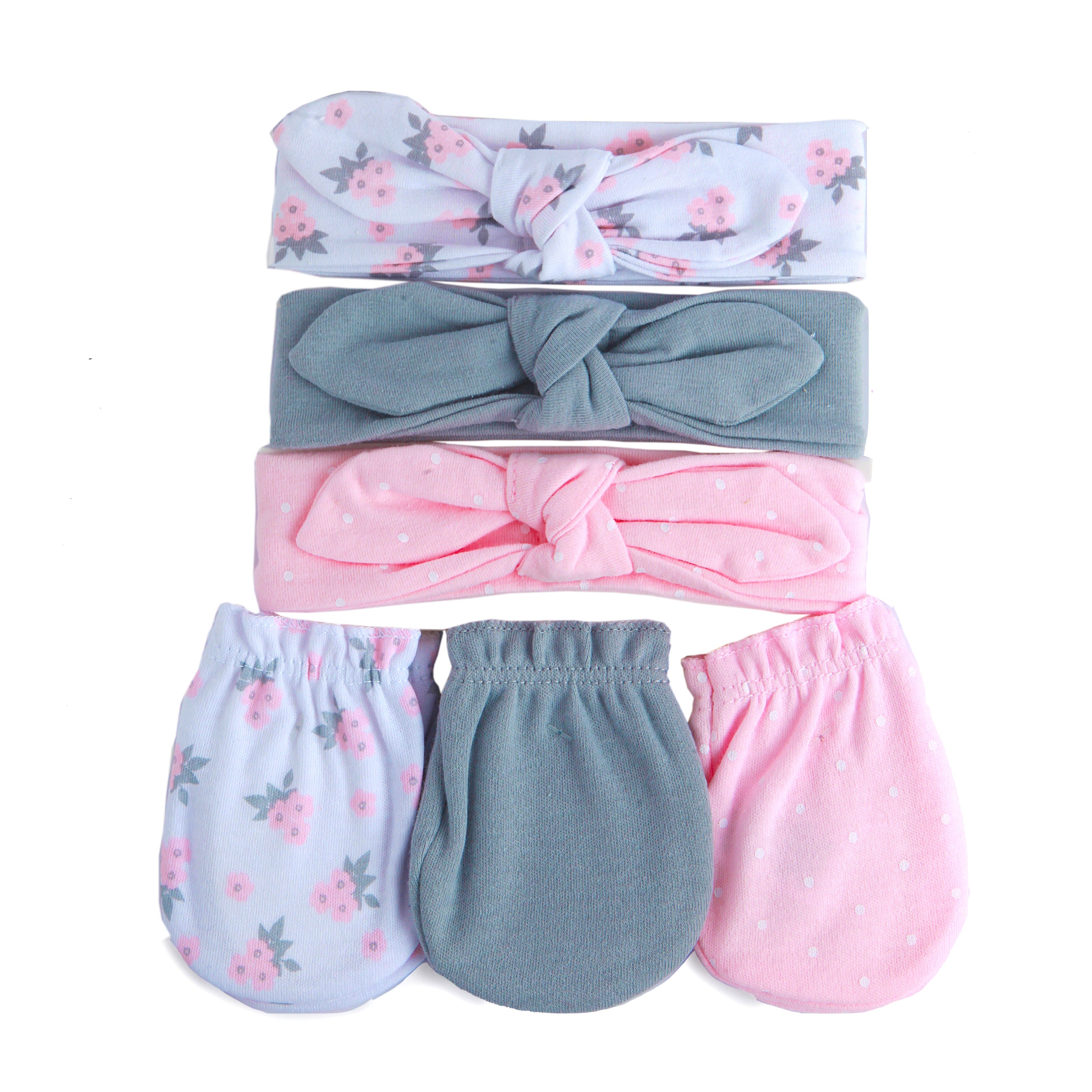 Matching Pink And Grey 3 Mittens And 3 Headbands Set