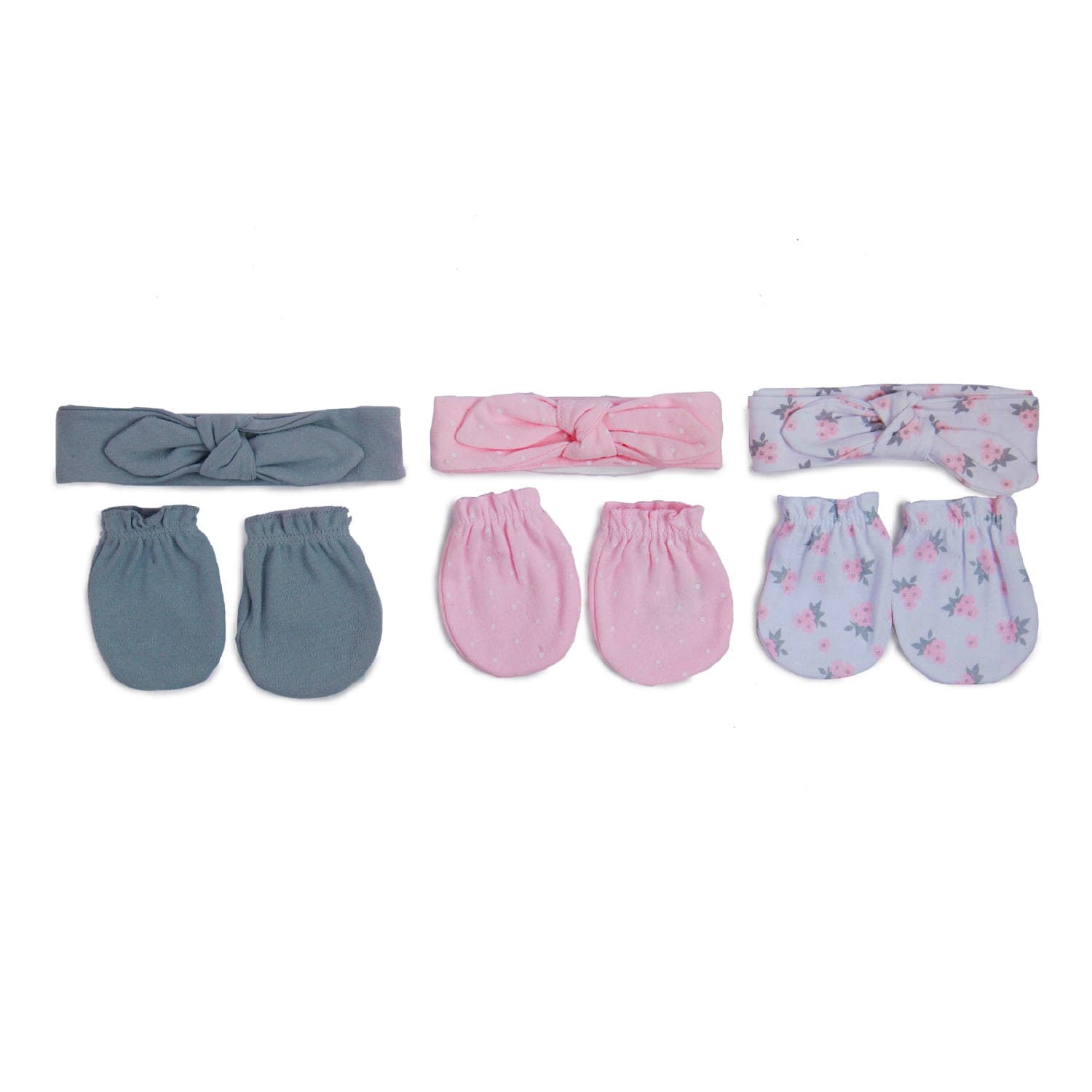 Matching Pink And Grey 3 Mittens And 3 Headbands Set