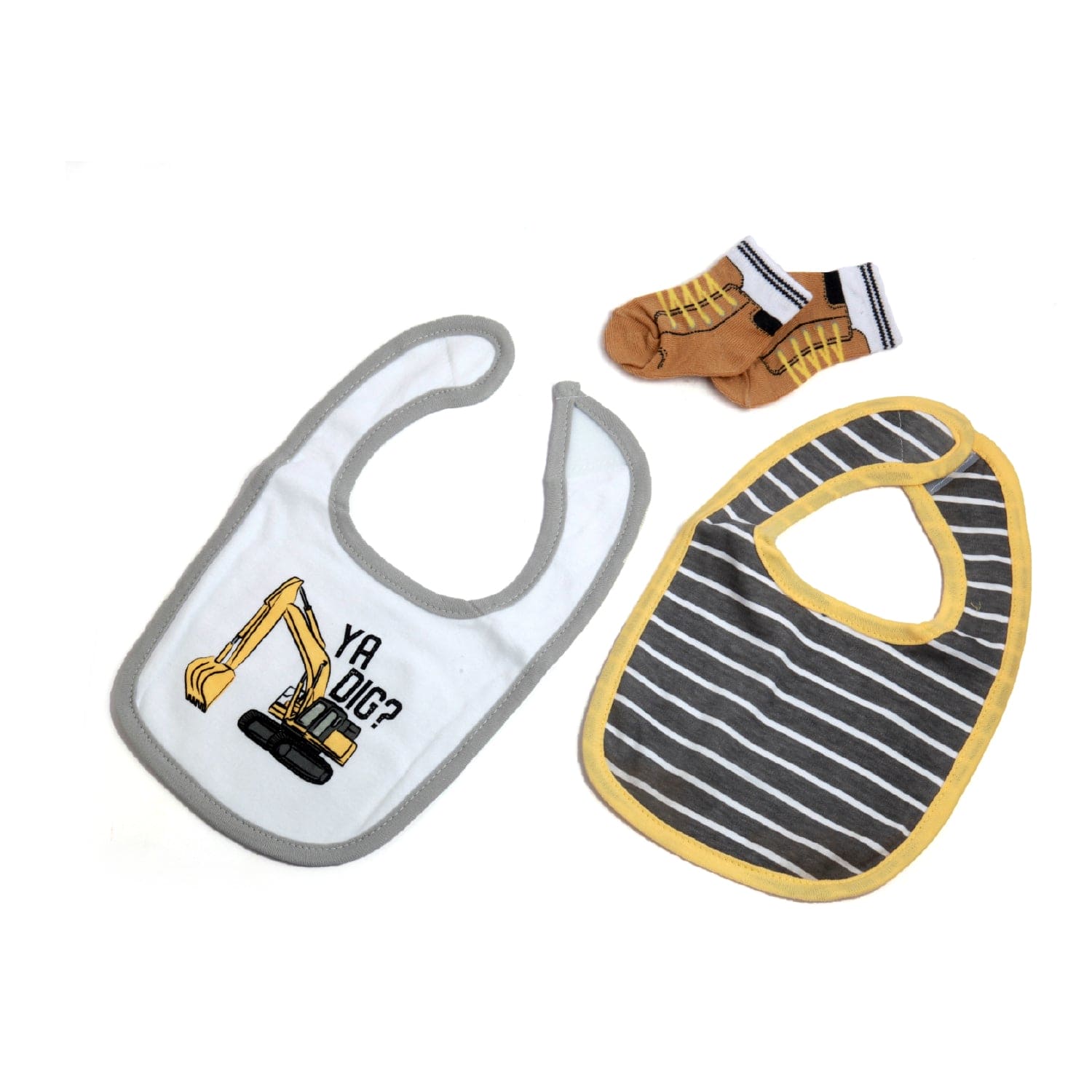 Construction Trucks Yellow Set Of 3 Bibs And 2 Socks - Baby Moo