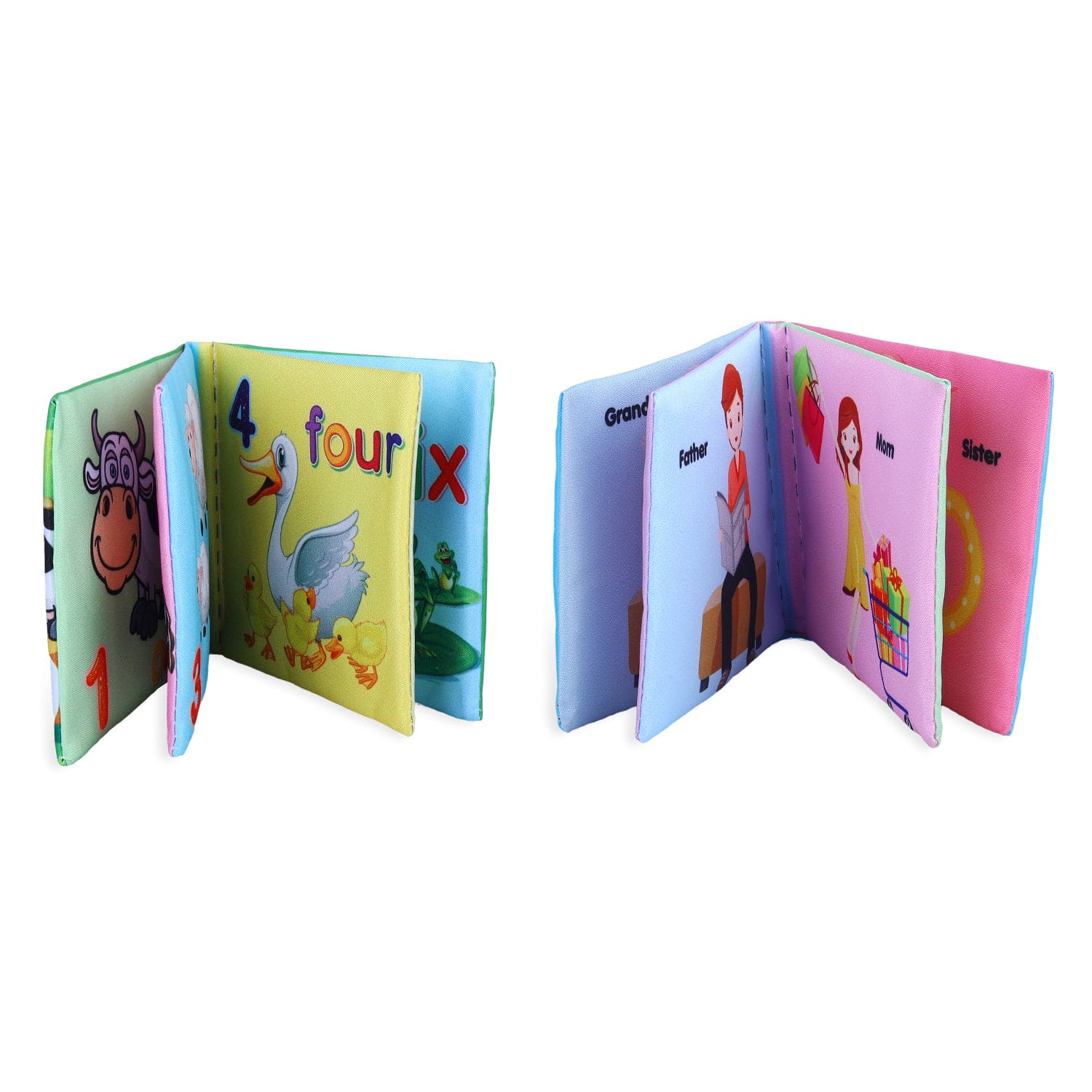 Family, Animals, Food, Fruits, Numbers Educational Cloth Book With Sound Paper Set of 6 - Multicolour - Baby Moo
